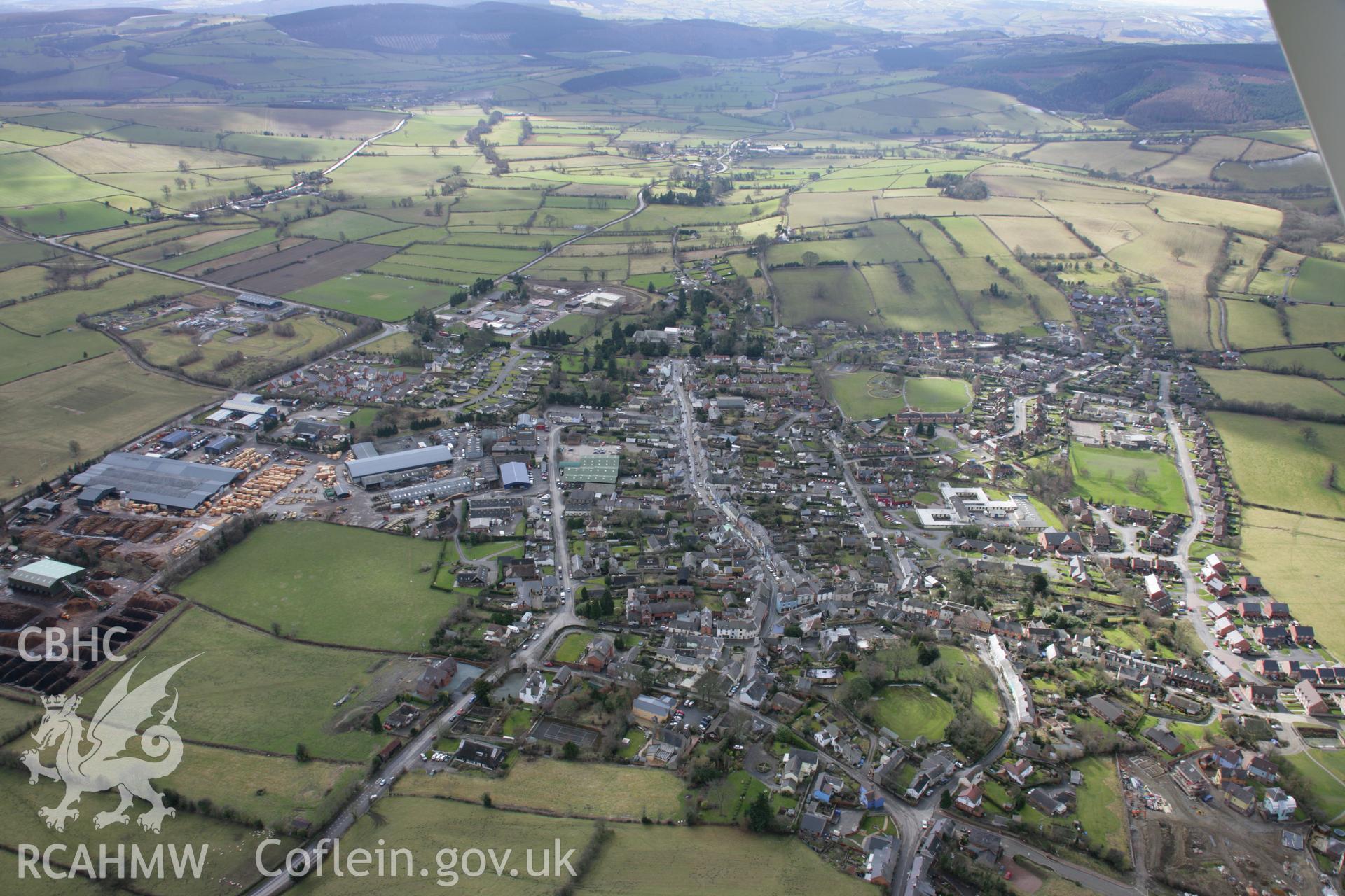 RCAHMW colour oblique aerial photograph of Bishops Castle from the north. Taken on 06 March 2006 by Toby Driver.