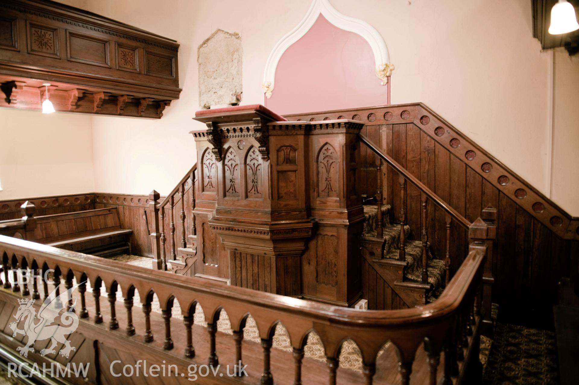 Digital image of interior: showing pulpit.