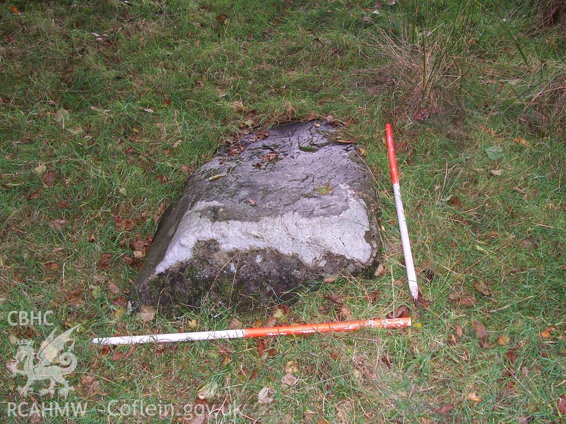 Photograph from an archaeological observation on Newbridge Sawmill, Newbridge, Monmouthshire, immediately north of Area 1 view of south standing stone. Produced by Border Archaeology in February 2006.