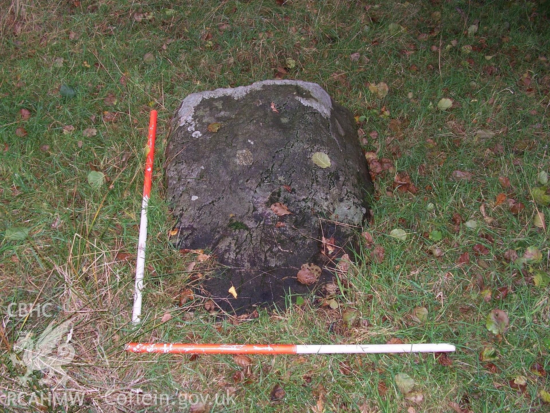 Photograph from an archaeological observation on Newbridge Sawmill, Newbridge, Monmouthshire, immediately north of Area 1 view of north standing stone. Produced by Border Archaeology in February 2006.