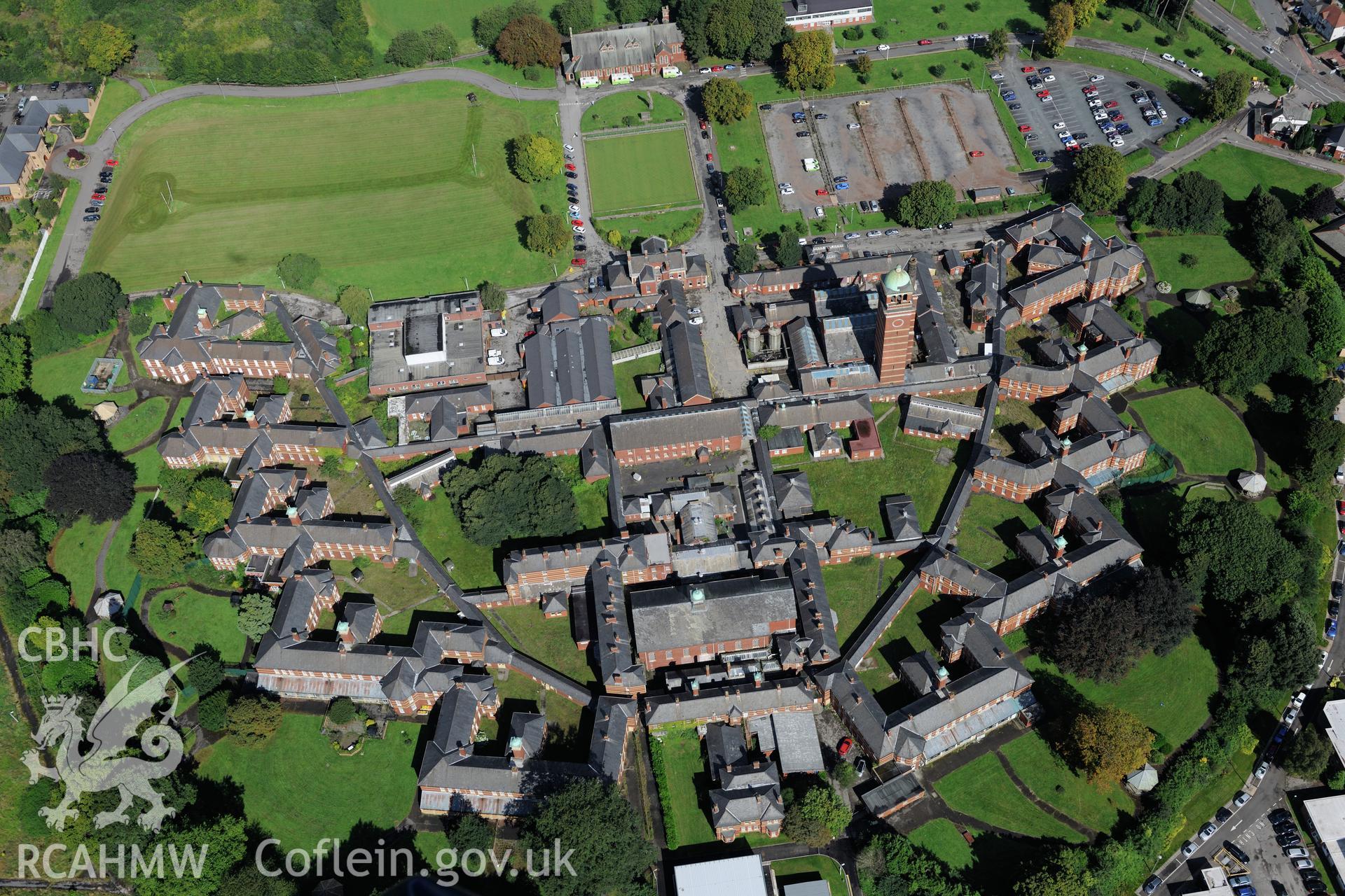 RCAHMW colour oblique aerial photograph of Whitchurch Hospital, taken by RCAHMW 26th August 2016.