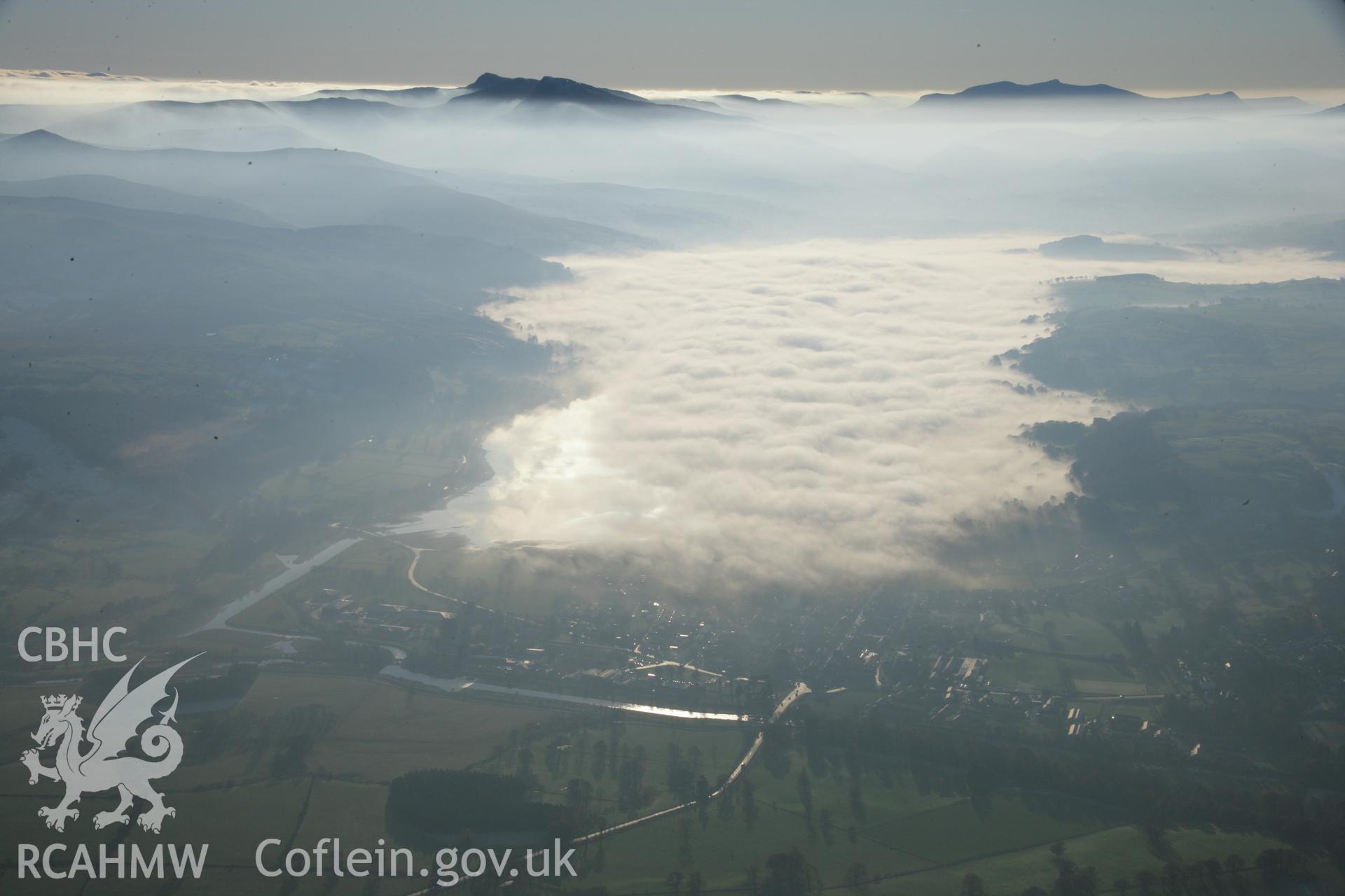 RCAHMW colour oblique aerial photograph of Llyn Tegid (Bala Lake) in winter landscape with mist infilling lake, looking south-west. Dust specks are visible from the digital sensor. Taken on 21 November 2005 by Toby Driver