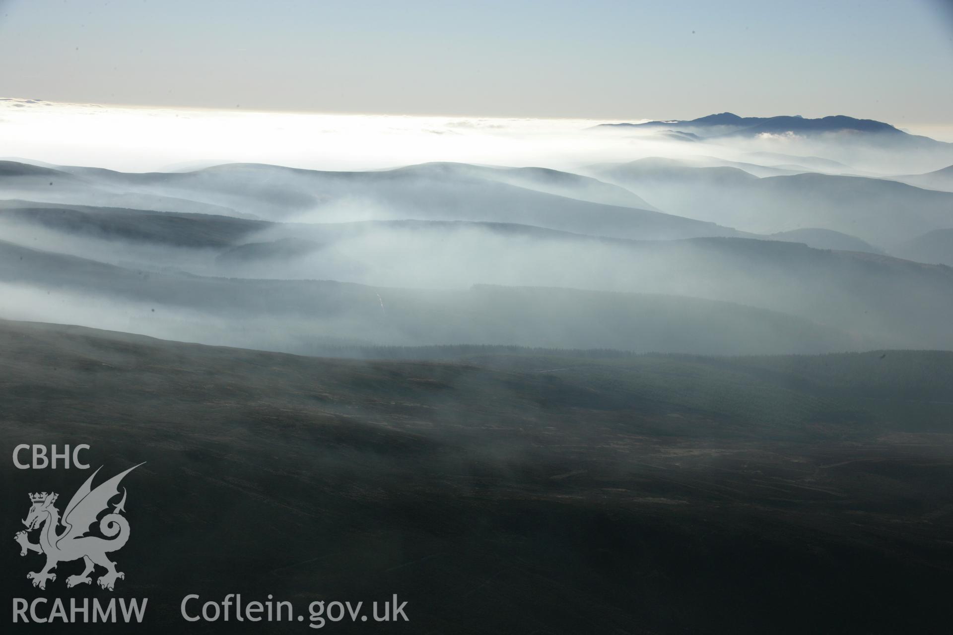 RCAHMW colour oblique aerial photograph of Foel Cwm Sian Llwyd to Penllyn Forest, in panoramic winter landscape view looking west, non-archaeological. Taken on 21 November 2005 by Toby Driver