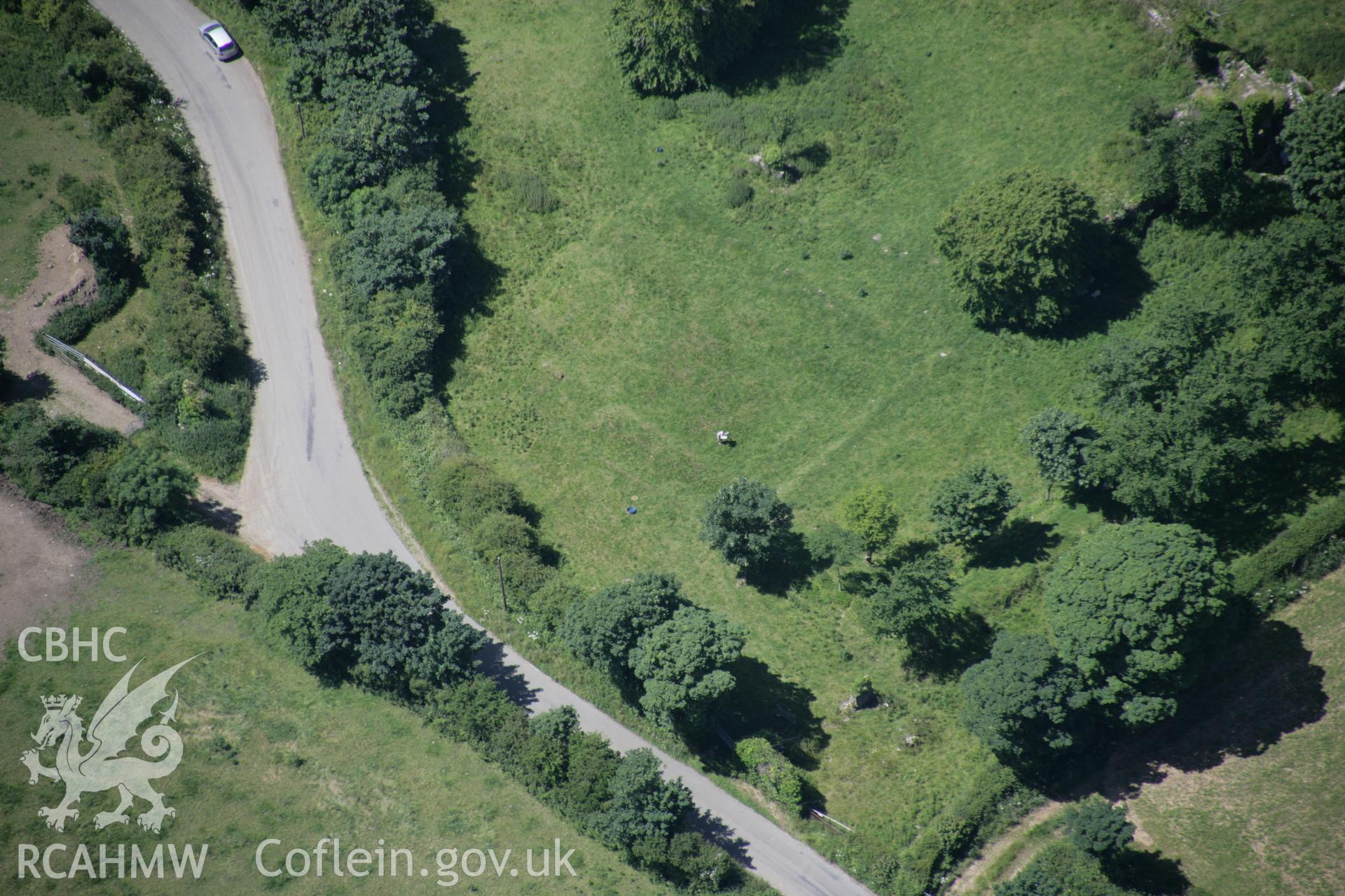 RCAHMW colour oblique aerial photograph of Haroldston House Garden Earthworks, Haverfordwest, from the south-east with RCAHMW survey in progress. Taken on 22 June 2005 by Toby Driver