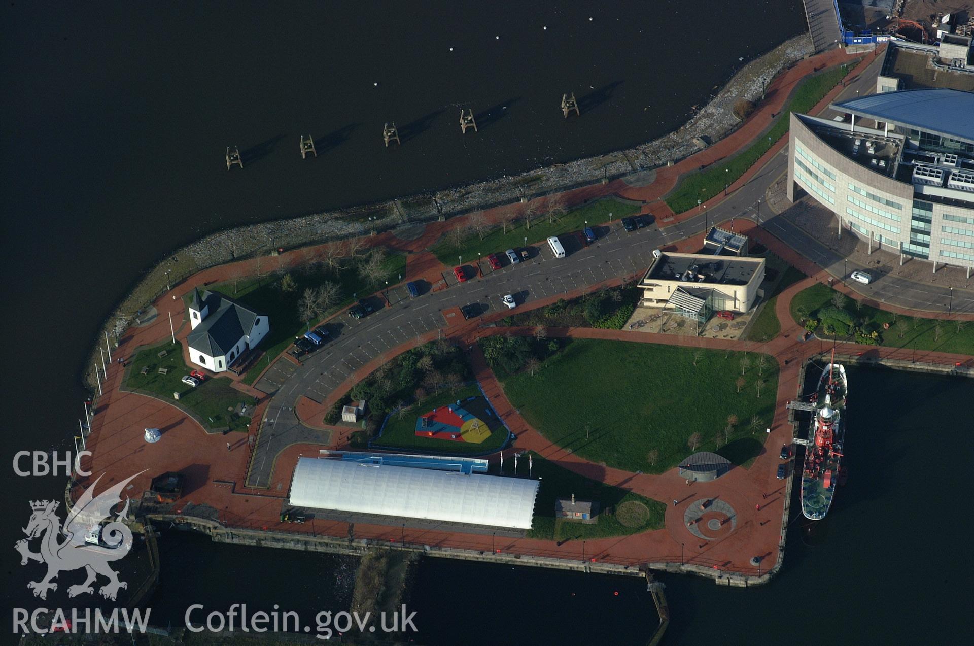 RCAHMW colour oblique aerial photograph of Norwegian Church, Bute East Dock, Cardiff taken on 13/01/2005 by Toby Driver