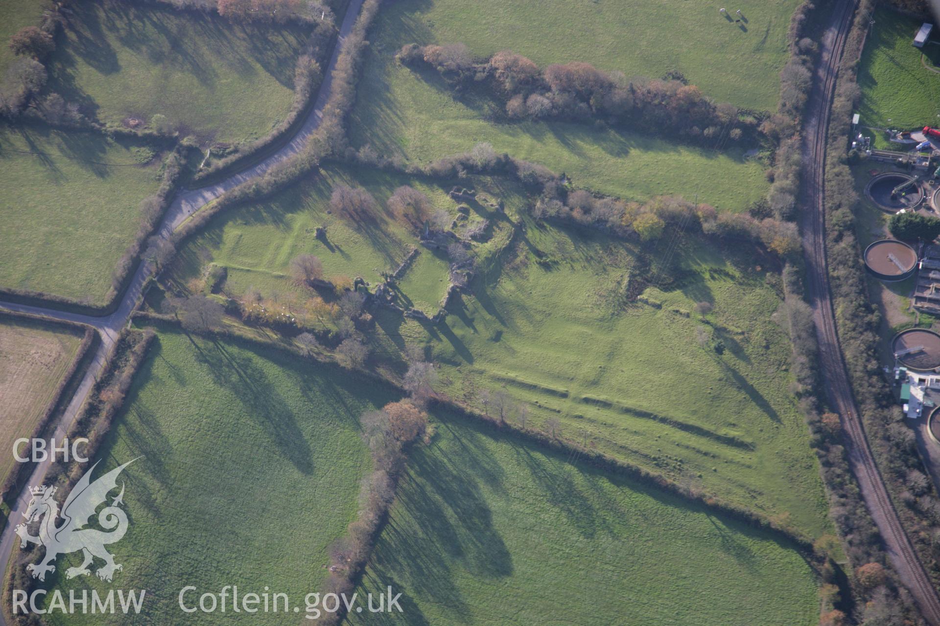 RCAHMW colour oblique aerial photograph of Haroldston House Garden Earthworks, Haverfordwest, in winter with low light looking south-west.. Taken on 19 November 2005 by Toby Driver