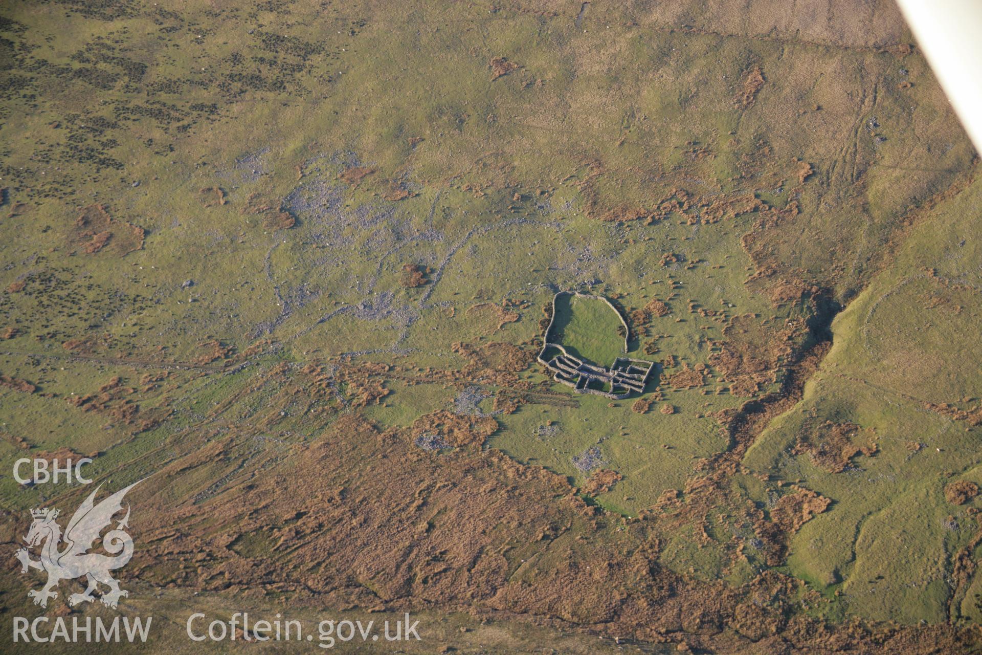 RCAHMW colour oblique aerial photograph of the Cwm Caseg prehistoric settlement showing the wandering walls. Viewed from the south-east. Taken on 21 November 2005 by Toby Driver