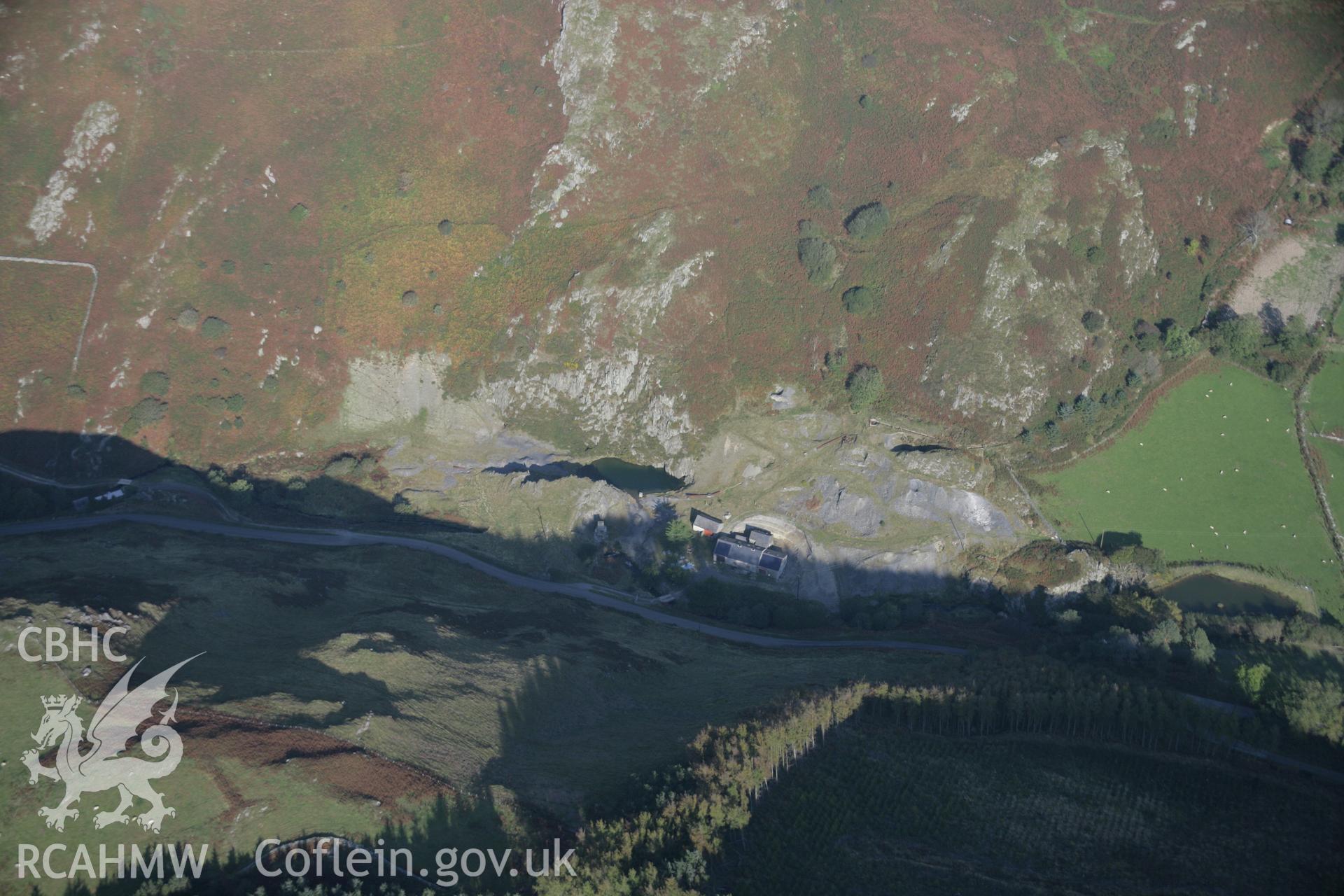 RCAHMW colour oblique aerial photograph of Felin-Llyn Pair Disused Lead Mine, from the south-west. Taken on 17 October 2005 by Toby Driver