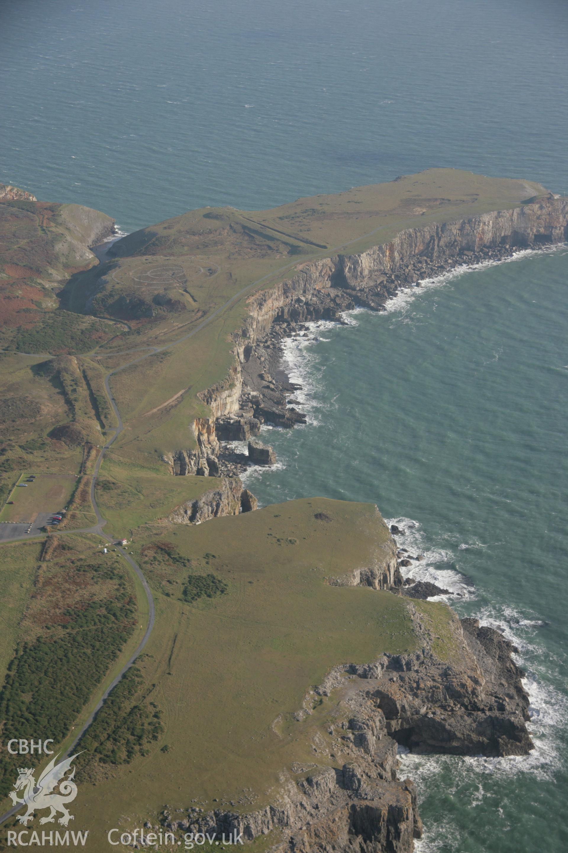 RCAHMW colour oblique aerial photograph of blockhouses and dismantled tramway at Trevallen Downs Royal Armoured Corps Range, viewed from the west. Taken on 19 November 2005 by Toby Driver