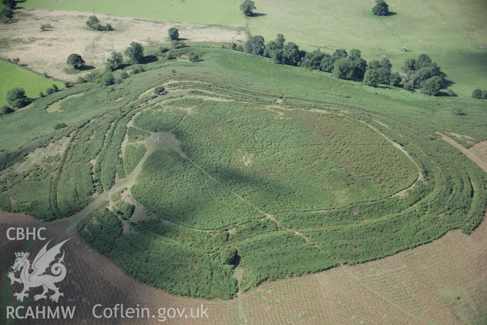 RCAHMW colour oblique aerial photograph of Pen-y-crug hillfort, Brecon. Taken on 02 September 2005 by Toby Driver