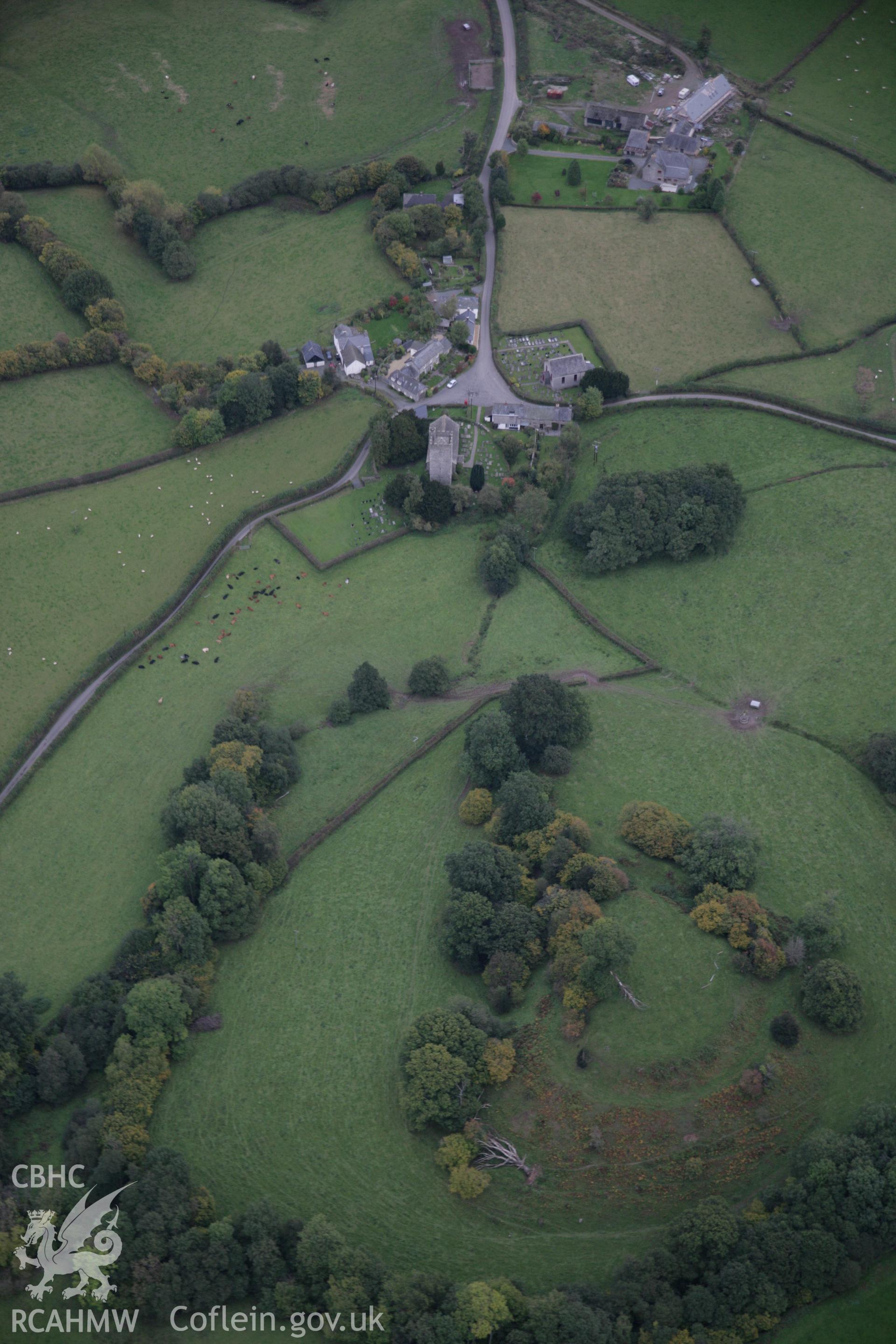 RCAHMW colour oblique aerial photograph of Crickadarn Castle Earthworks from the south-west. Taken on 13 October 2005 by Toby Driver