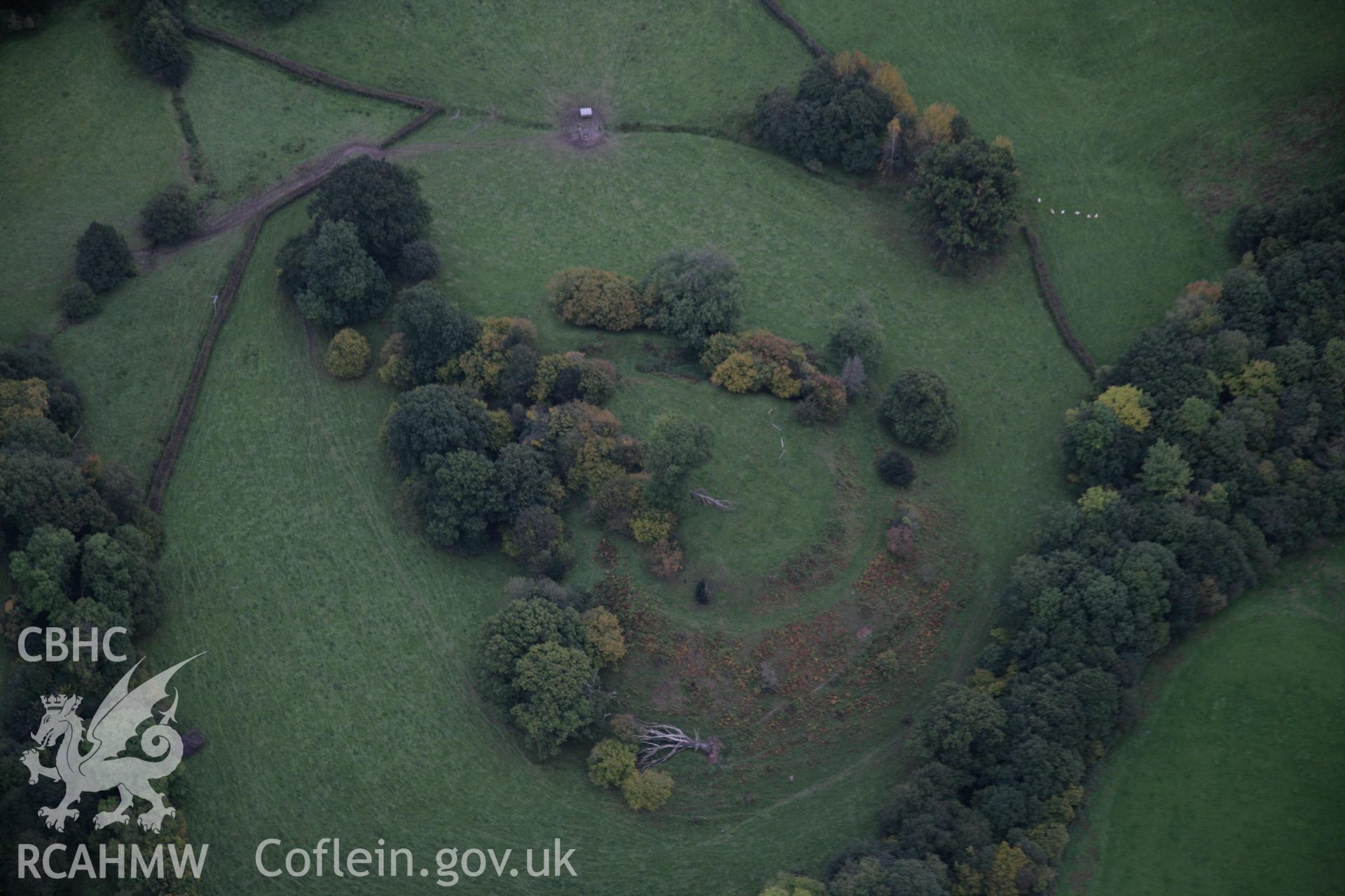 RCAHMW colour oblique aerial photograph of Crickadarn Castle Earthworks from the west. Taken on 13 October 2005 by Toby Driver