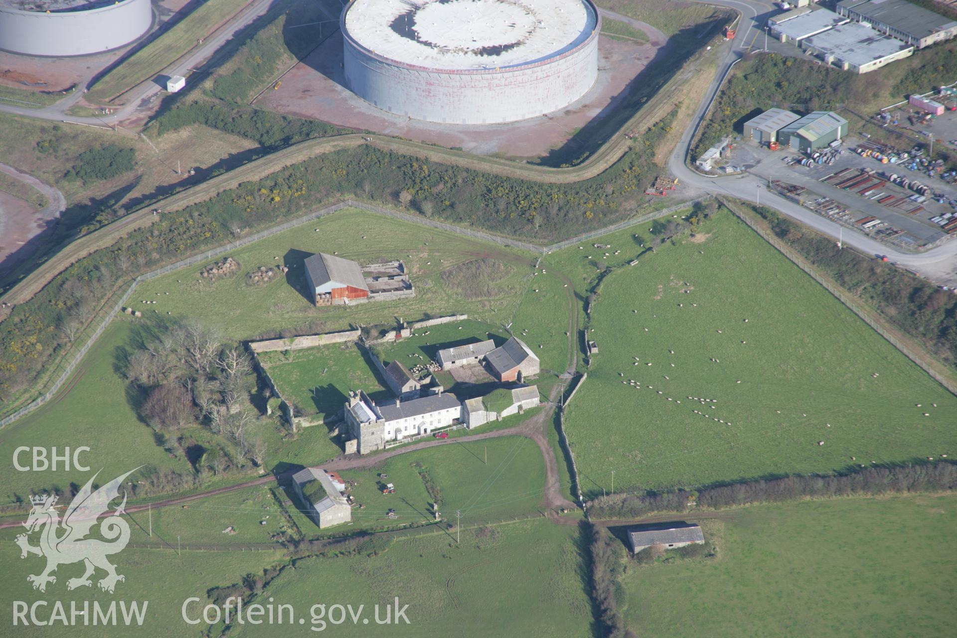 RCAHMW colour oblique aerial photograph of Eastington Manor House Remains, Rhoscrowther, from the south-west. Taken on 19 November 2005 by Toby Driver
