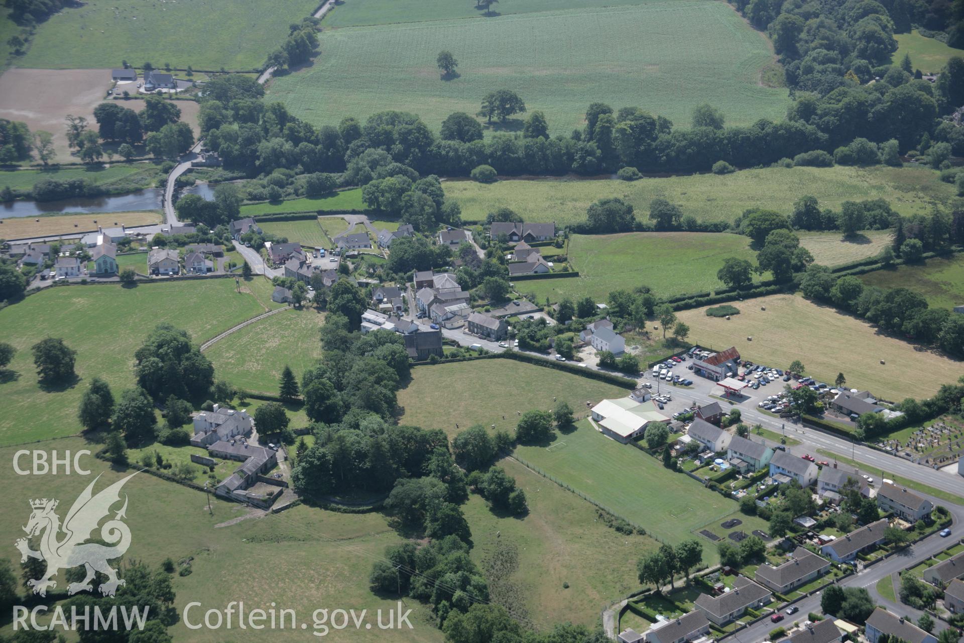 RCAHMW colour oblique aerial photograph of St Tydfils Church, Llechryd, and the village from the north. Taken on 11 July 2005 by Toby Driver