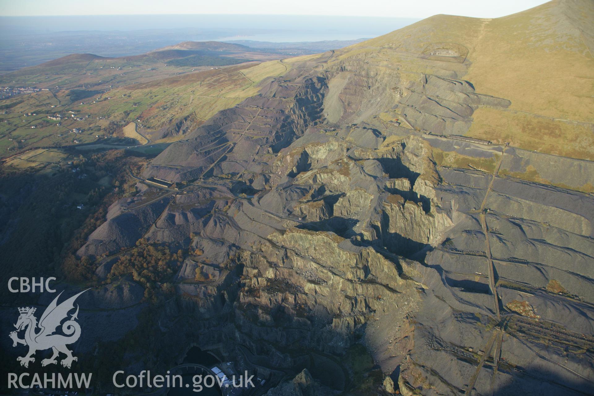 RCAHMW colour oblique aerial photograph of Dinorwic Slate Quarry. A winter landscape view from the south showing an incline. Taken on 21 November 2005 by Toby Driver