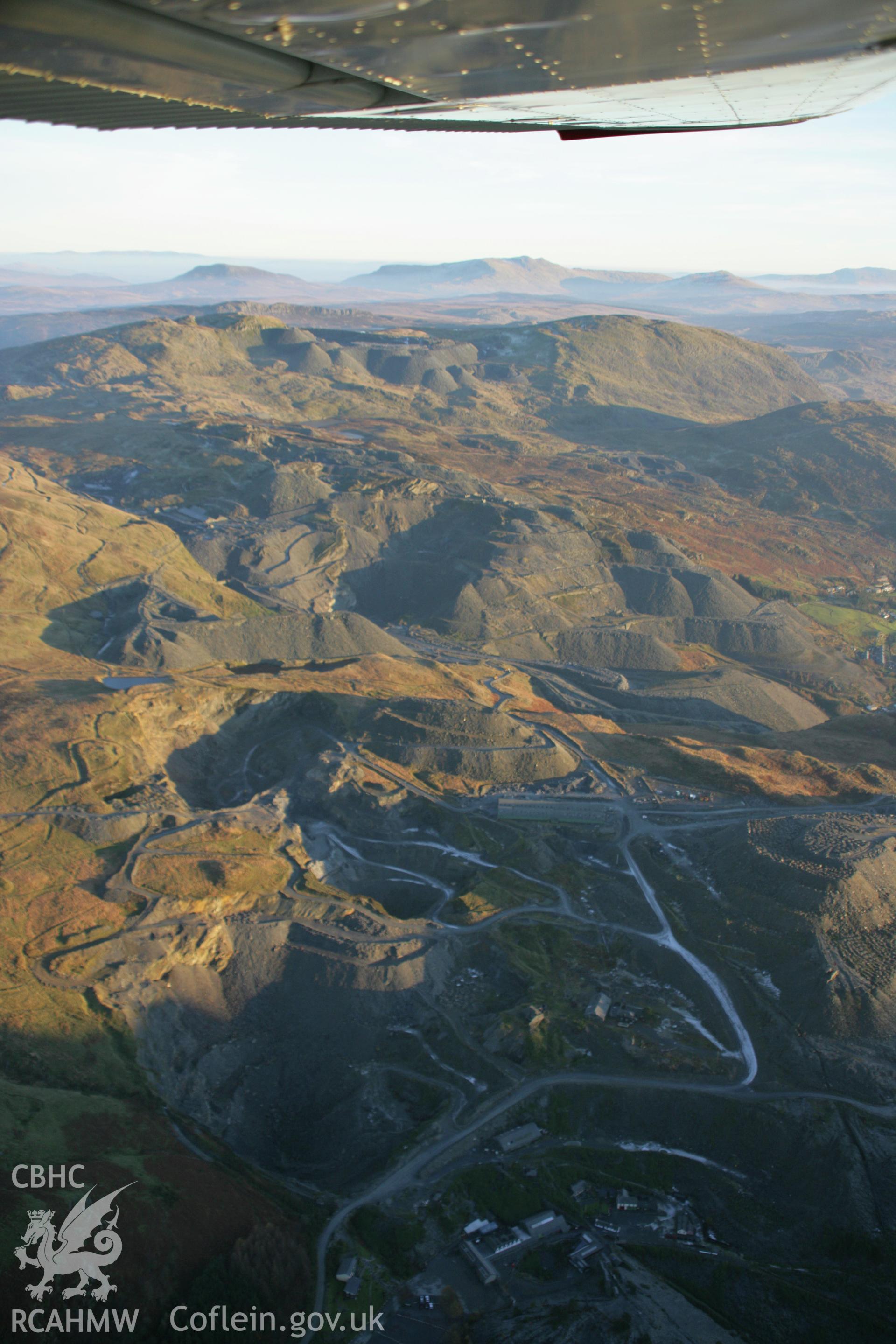 RCAHMW colour oblique aerial photograph of Maen-Offeren Slate Quarry, Blaenau Ffestiniog, viewed from the west. Taken on 21 November 2005 by Toby Driver