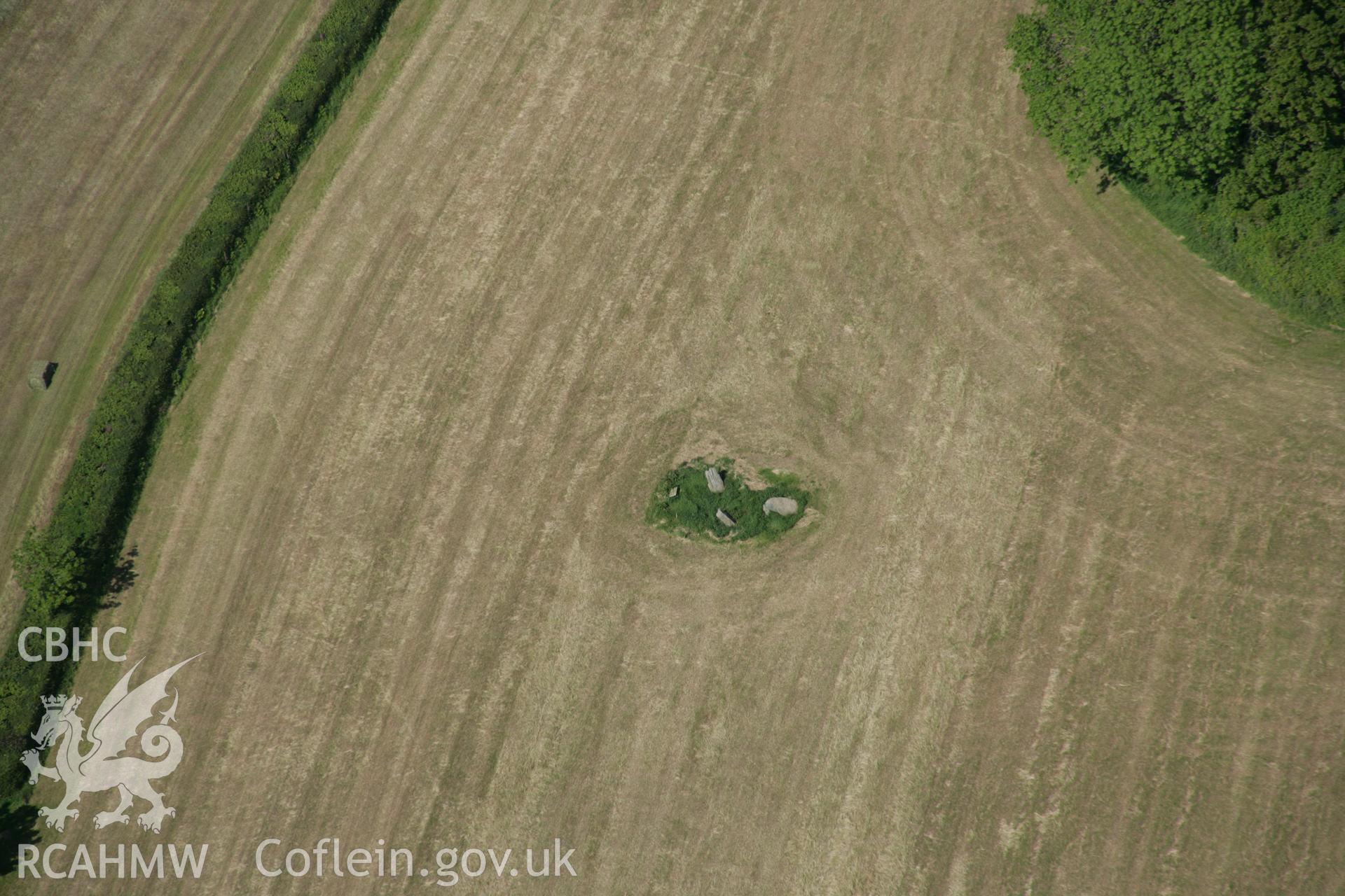 RCAHMW colour oblique aerial photograph of Meini Llwydion, Llwyn-Du, burial chamber, viewed from the south-west. Taken on 09 June 2005 by Toby Driver