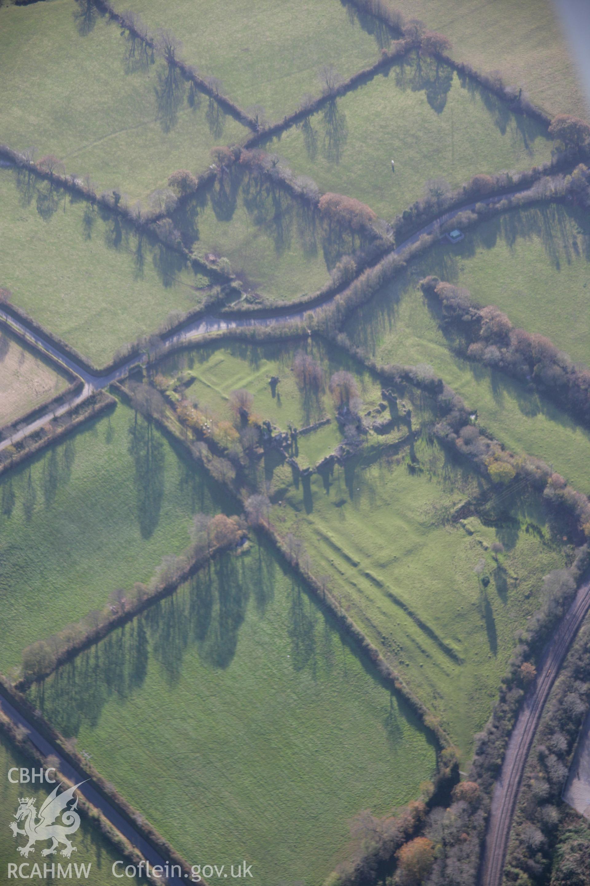 RCAHMW colour oblique aerial photograph of Haroldston House Garden Earthworks, Haverfordwest, in winter with low light looking south. Taken on 19 November 2005 by Toby Driver