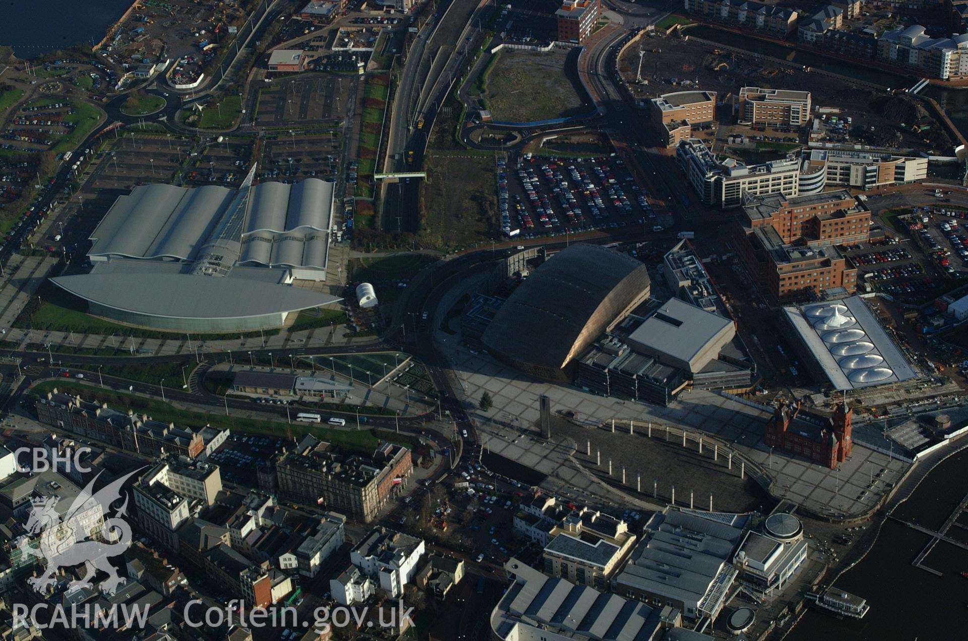 RCAHMW colour oblique aerial photograph of the Wales Millennium Centre taken on 13/01/2005 by Toby Driver