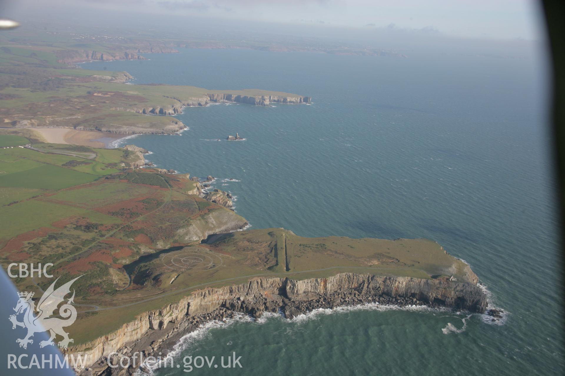 RCAHMW colour oblique aerial photograph of blockhouses and dismantled tramway at Trevallen Downs Royal Armoured Corps Range, in panoramic view from south-west. Taken on 19 November 2005 by Toby Driver