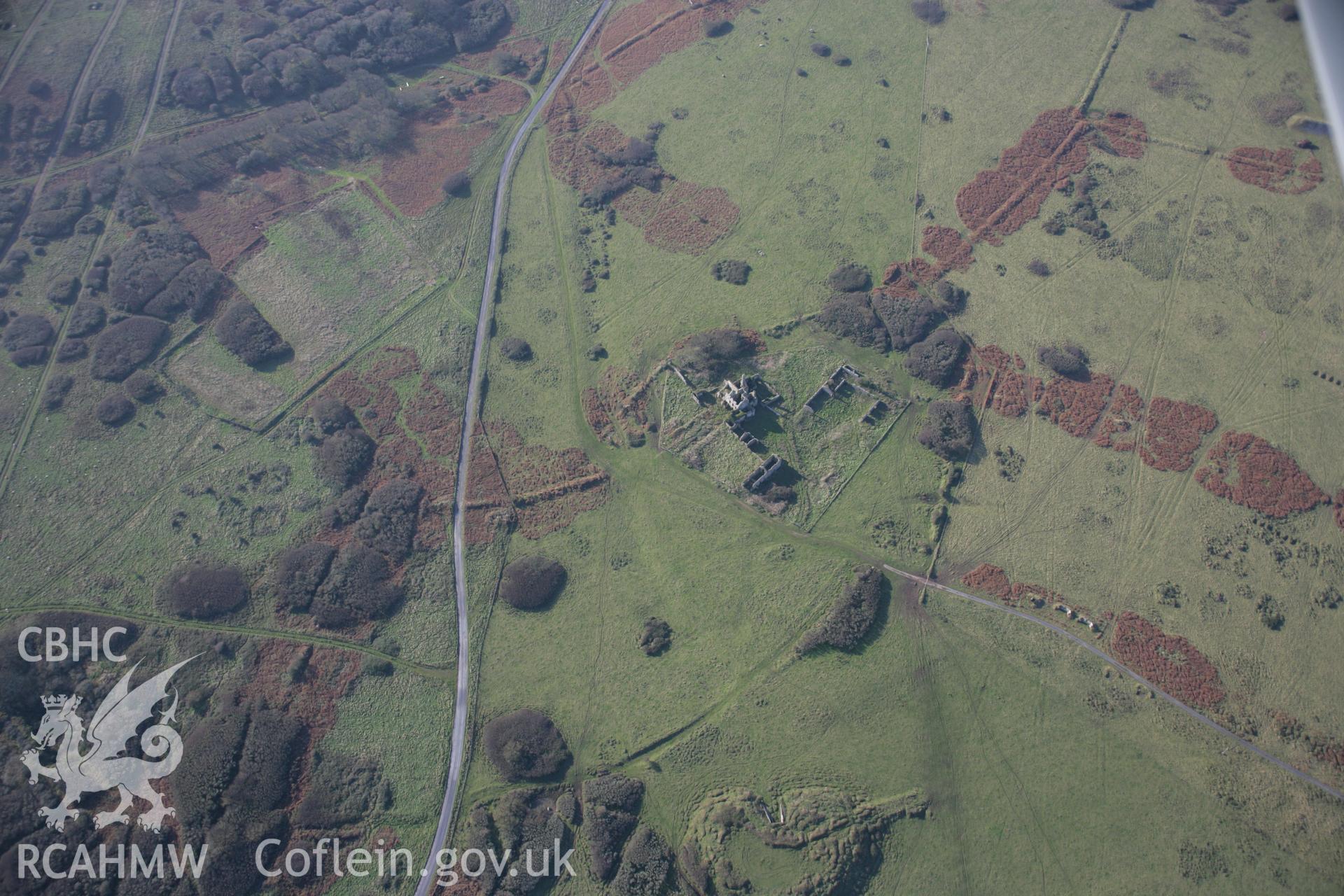 RCAHMW colour oblique aerial photograph of Pricaston Farmstead, Castlemartin, from the north showing the earthworks of a deserted settlement. Taken on 19 November 2005 by Toby Driver