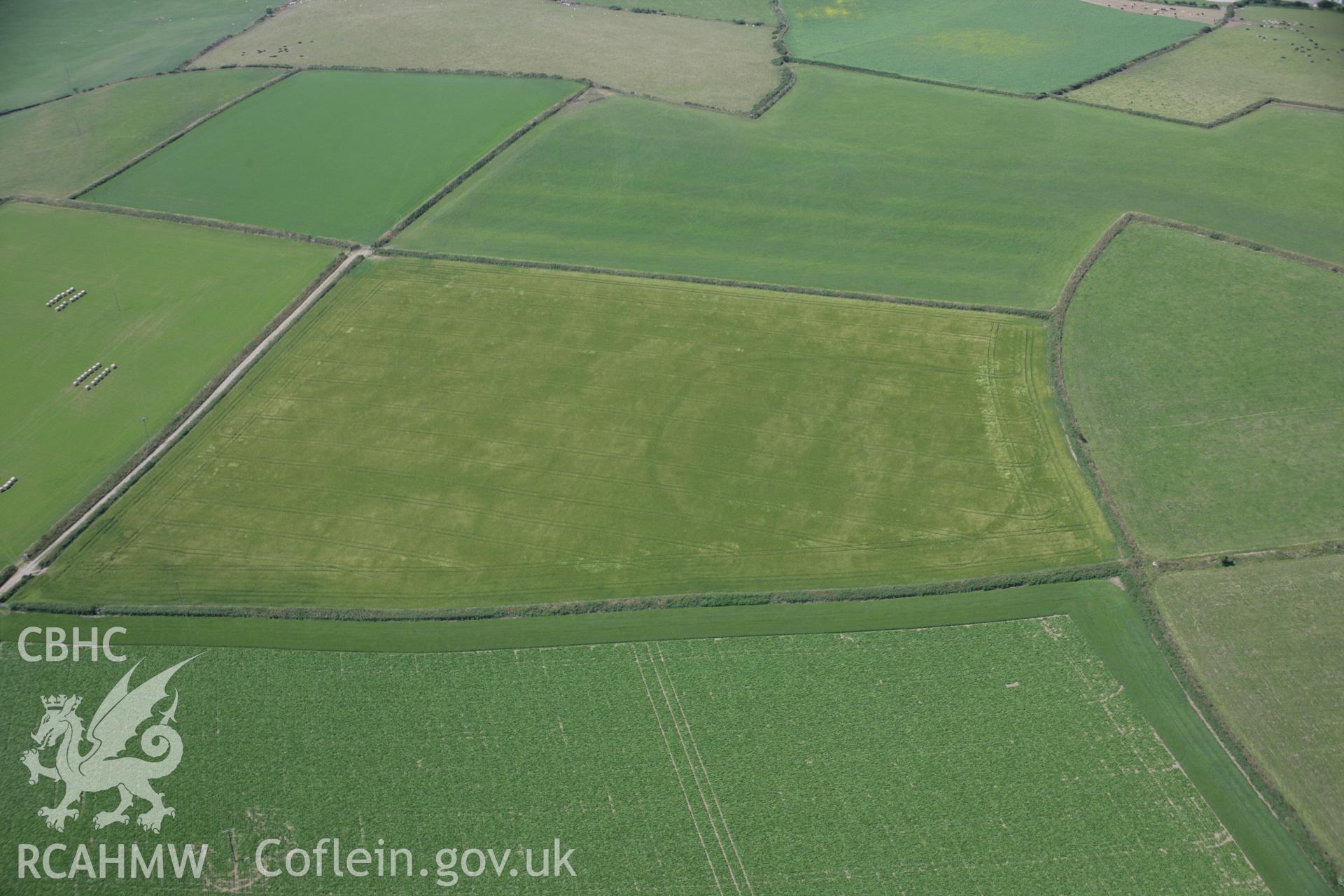 RCAHMW colour oblique aerial photograph of a cropmark enclosure south-west of Nant Fflyman viewed from the east.. Taken on 11 July 2005 by Toby Driver