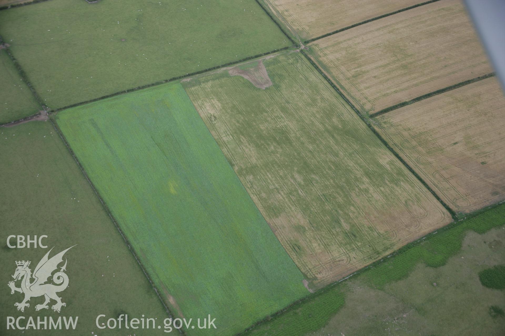 RCAHMW digital colour oblique photograph of a poorly defined cropmark south-west of Rhuddgaer viewed from the west. Taken on 02/08/2005 by T.G. Driver.