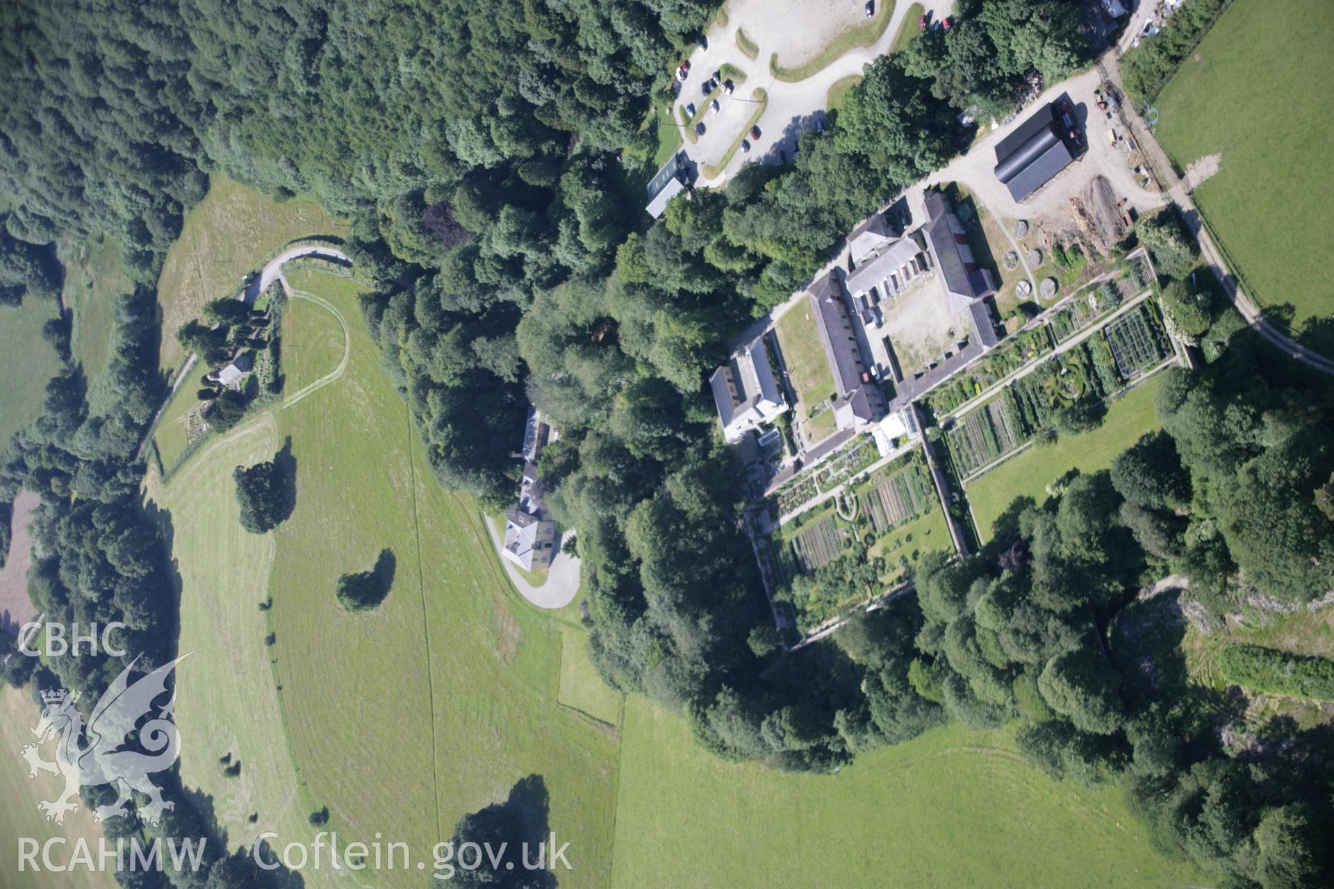 RCAHMW colour oblique aerial photograph of Llanerchaeron House and walled gardens, viewed from the east. Taken on 23 June 2005 by Toby Driver