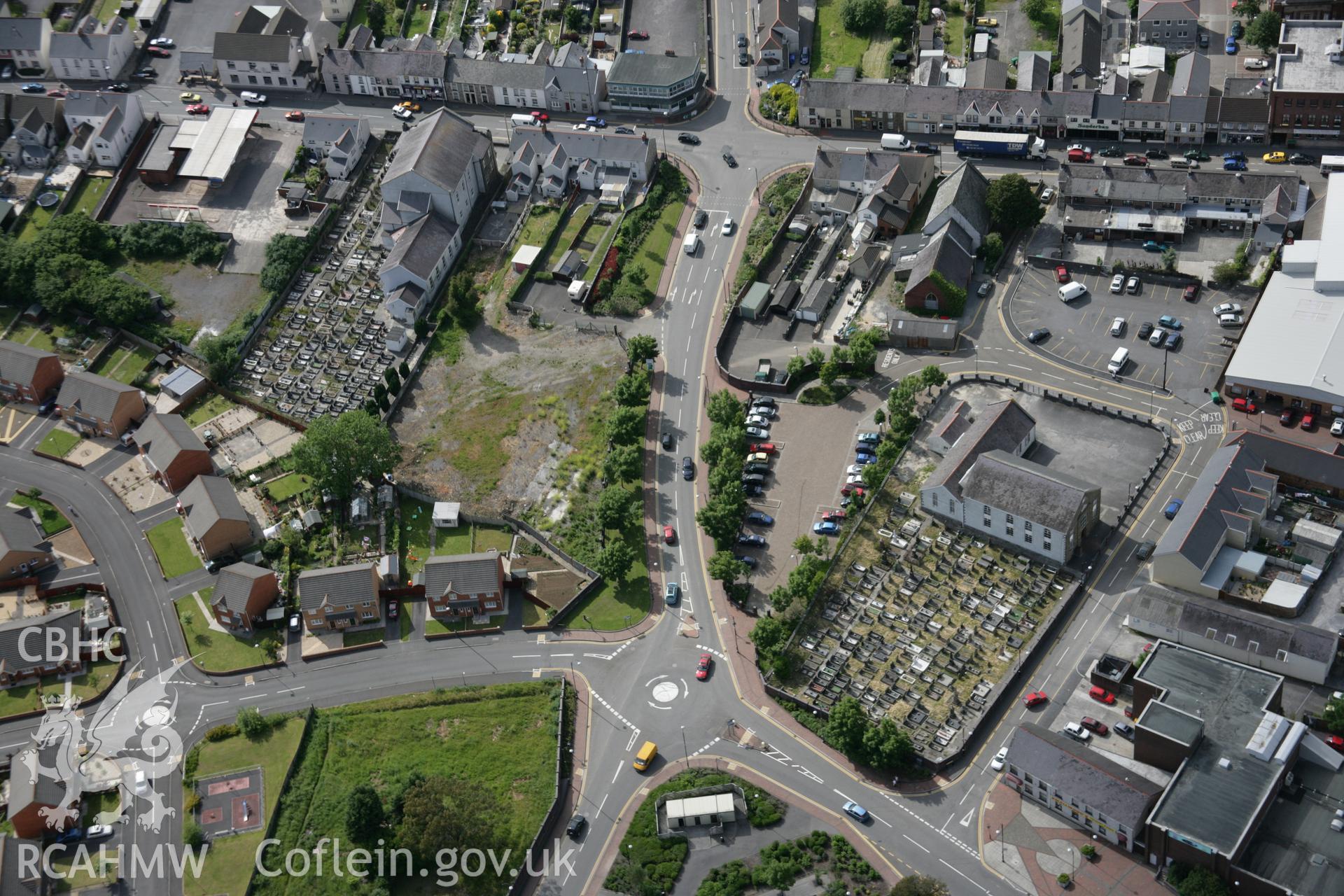 RCAHMW colour oblique aerial photograph of Ebeneser Welsh Baptist Church, Lloyd Street, Ammanford. Taken on 09 June 2005 by Toby Driver