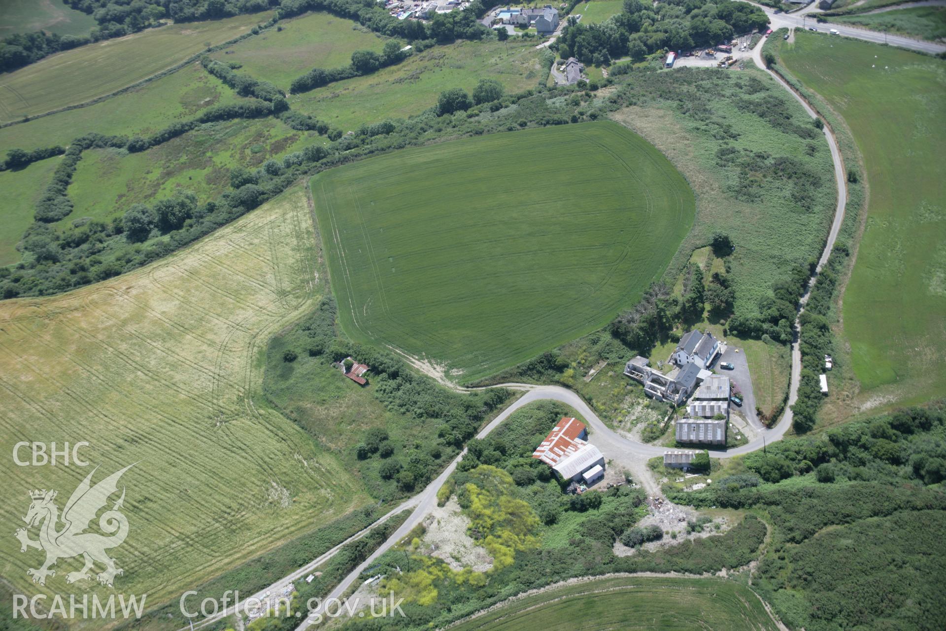 RCAHMW colour oblique aerial photograph of Waungelod Cropmark Enclosure from the north. Taken on 11 July 2005 by Toby Driver