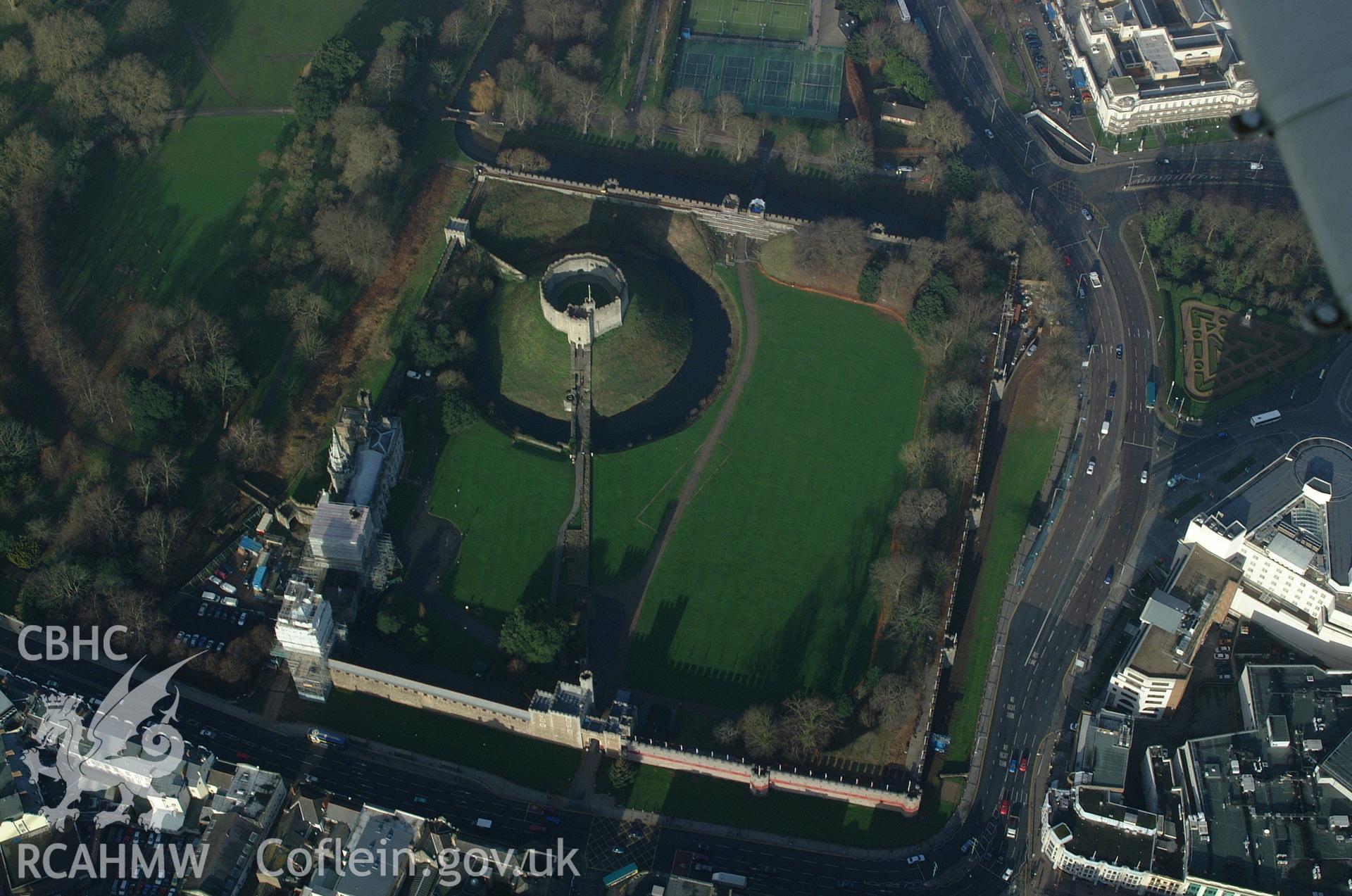 RCAHMW colour oblique aerial photograph of Cardiff Castle taken on 13/01/2005 by Toby Driver