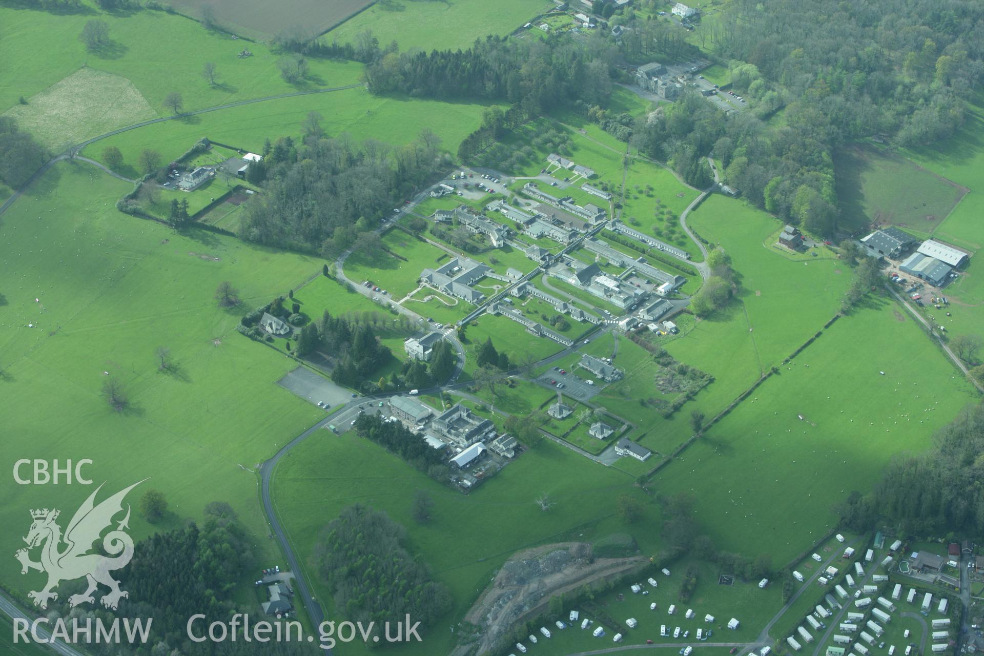 RCAHMW colour oblique photograph of Bronllys Hospital. Taken by Toby Driver on 02/05/2008.