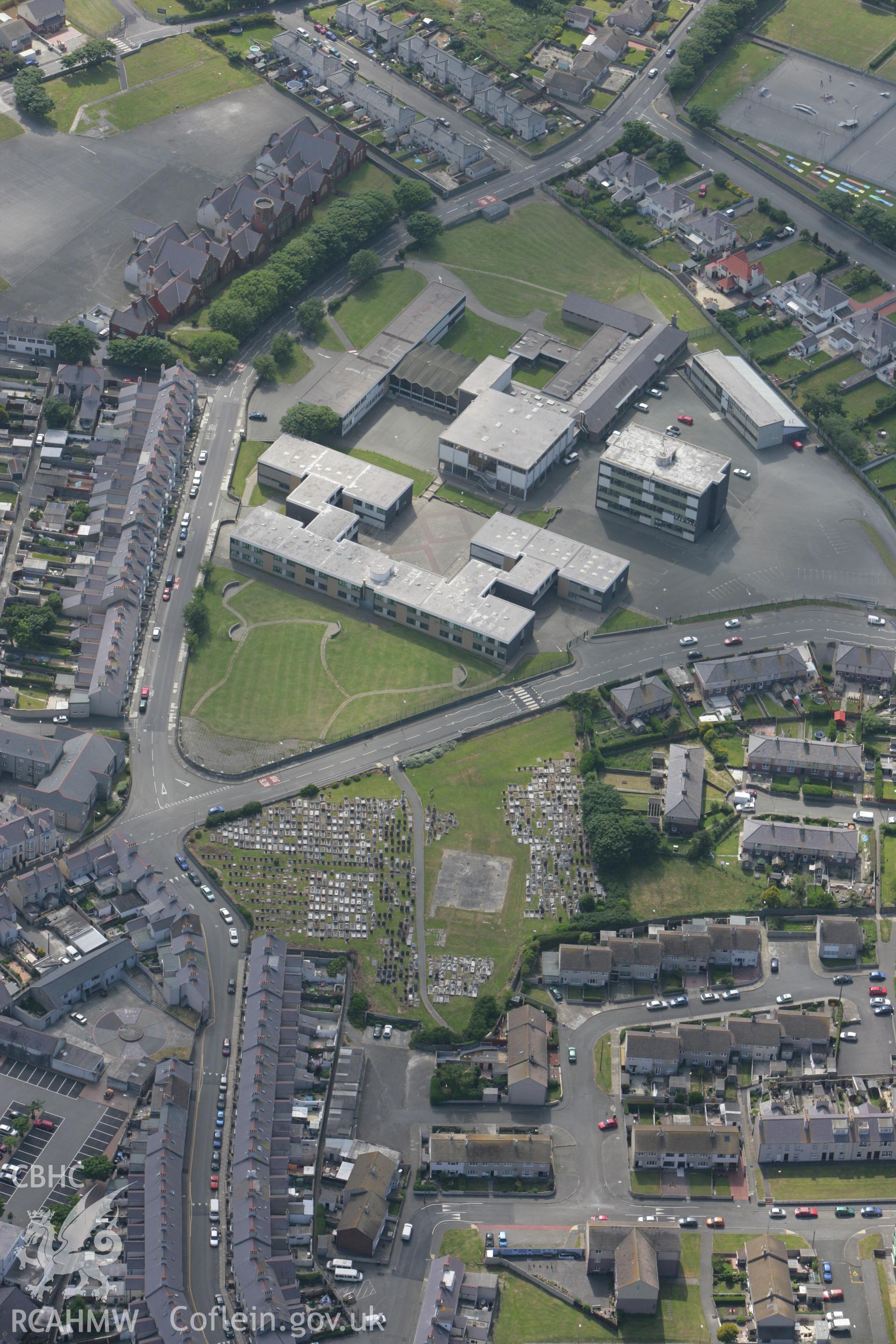 RCAHMW colour oblique photograph of Holyhead High School. Taken by Toby Driver on 13/06/2008.