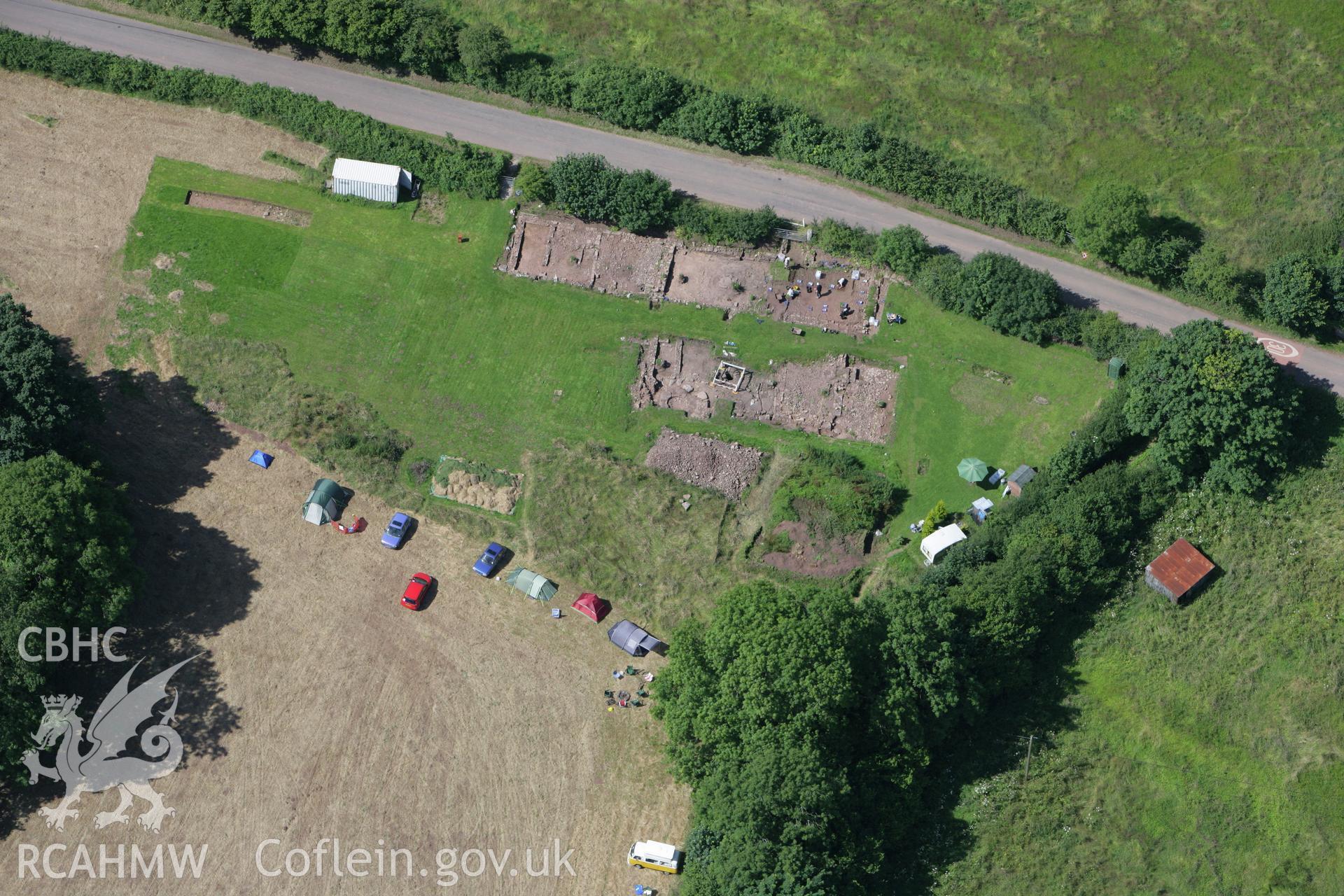 RCAHMW colour oblique photograph of Excavations at Trellech, the Lost City of Trellech Project by Monmouthshire Archaeological Society. Taken by Toby Driver on 21/07/2008.