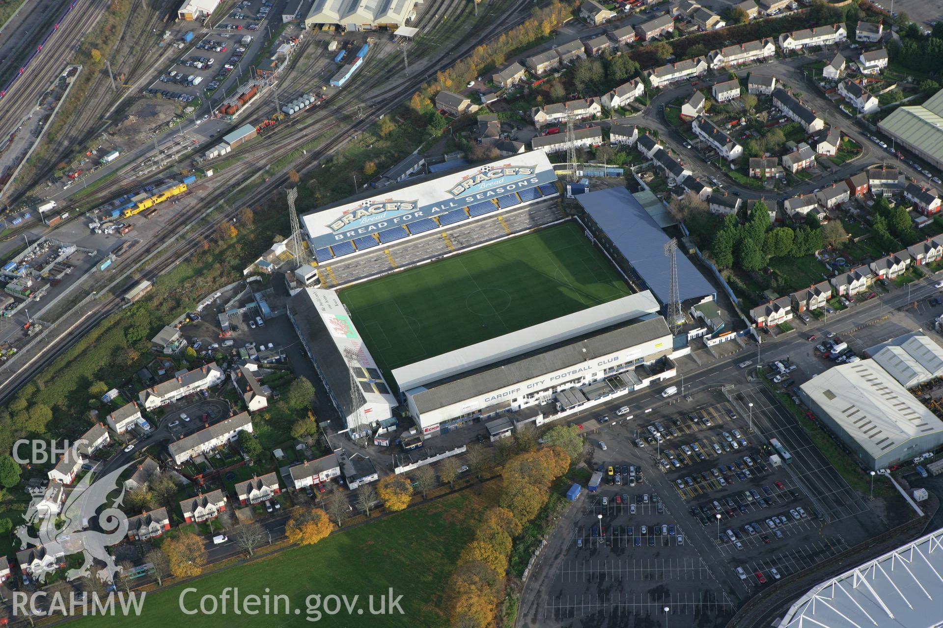 RCAHMW colour oblique photograph of Ninian Park Stadium. Taken by Toby Driver on 12/11/2008.