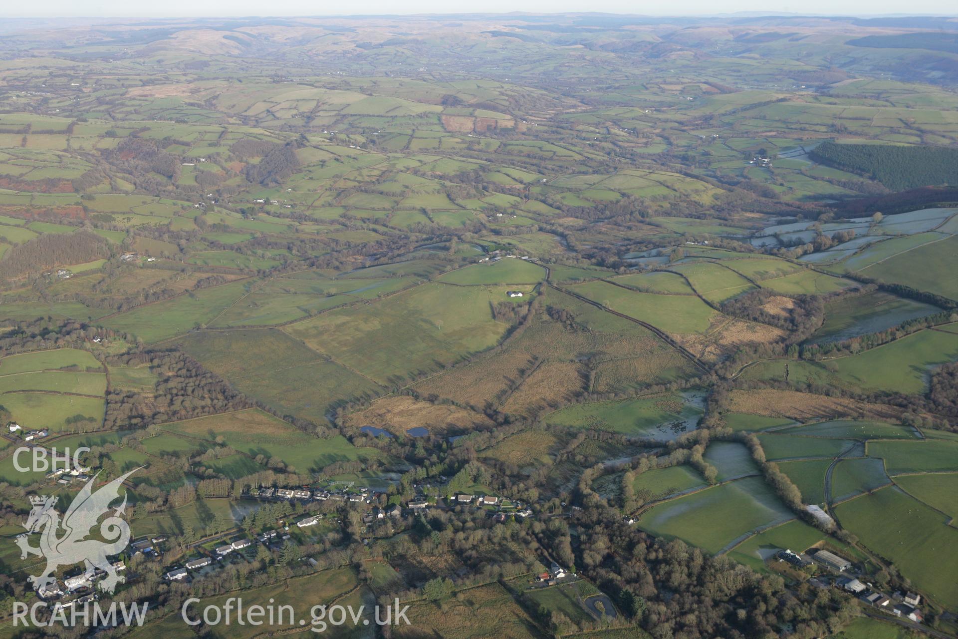 RCAHMW colour oblique photograph of Rhydcymerau village. Taken by Toby Driver on 15/12/2008.