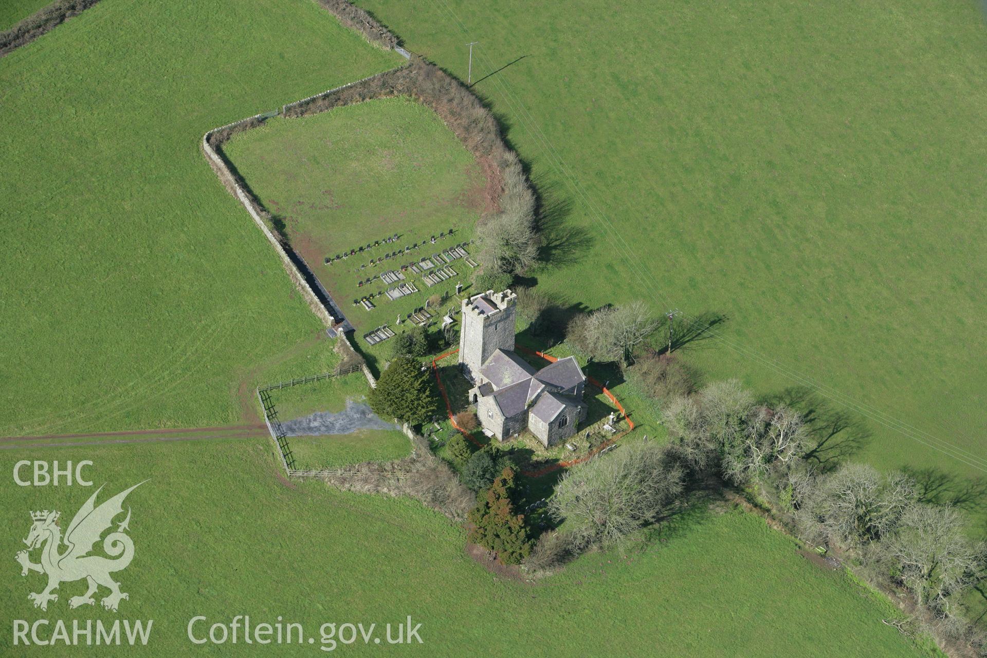 RCAHMW colour oblique aerial photograph of St Elidyr's Church, Crunwere, from the south-east. Taken on 04 March 2008 by Toby Driver