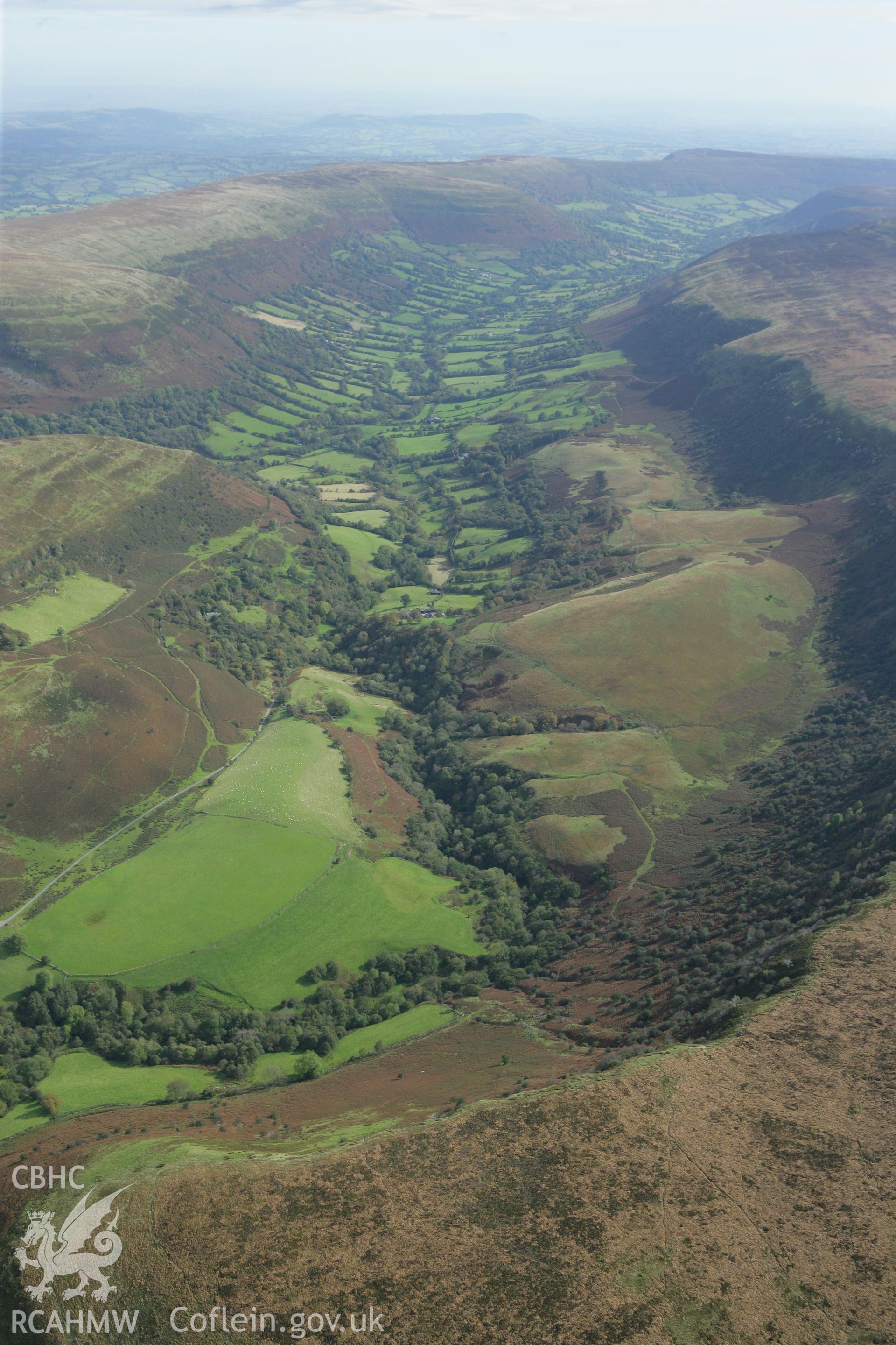 RCAHMW colour oblique photograph of landscape looking south-east along the Vale of Ewyas, from Blaen Bwch. Taken by Toby Driver on 10/10/2008.