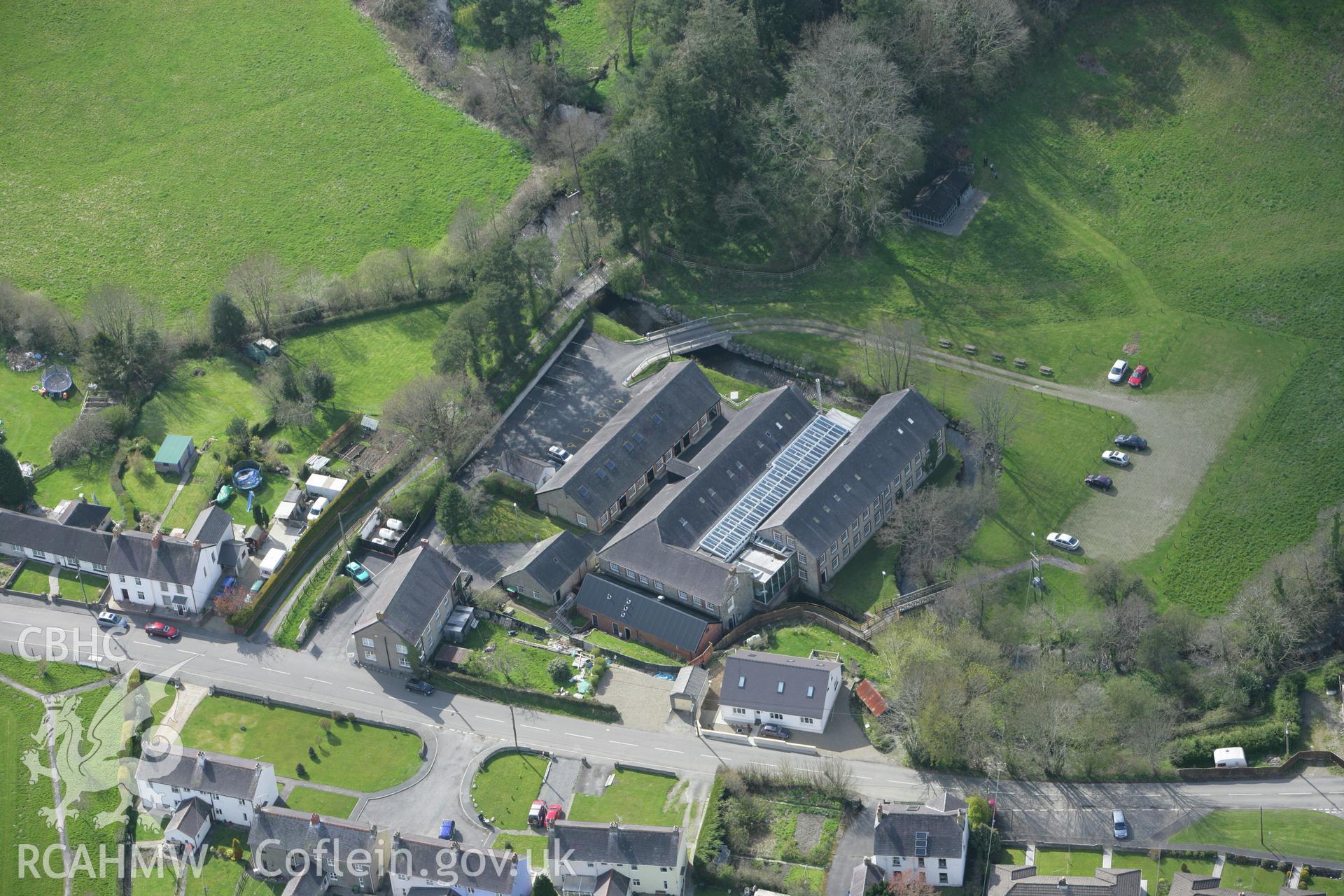 RCAHMW colour oblique photograph of National Woollen Mill, Dre-Fach Felindre. Taken by Toby Driver on 24/04/2008.