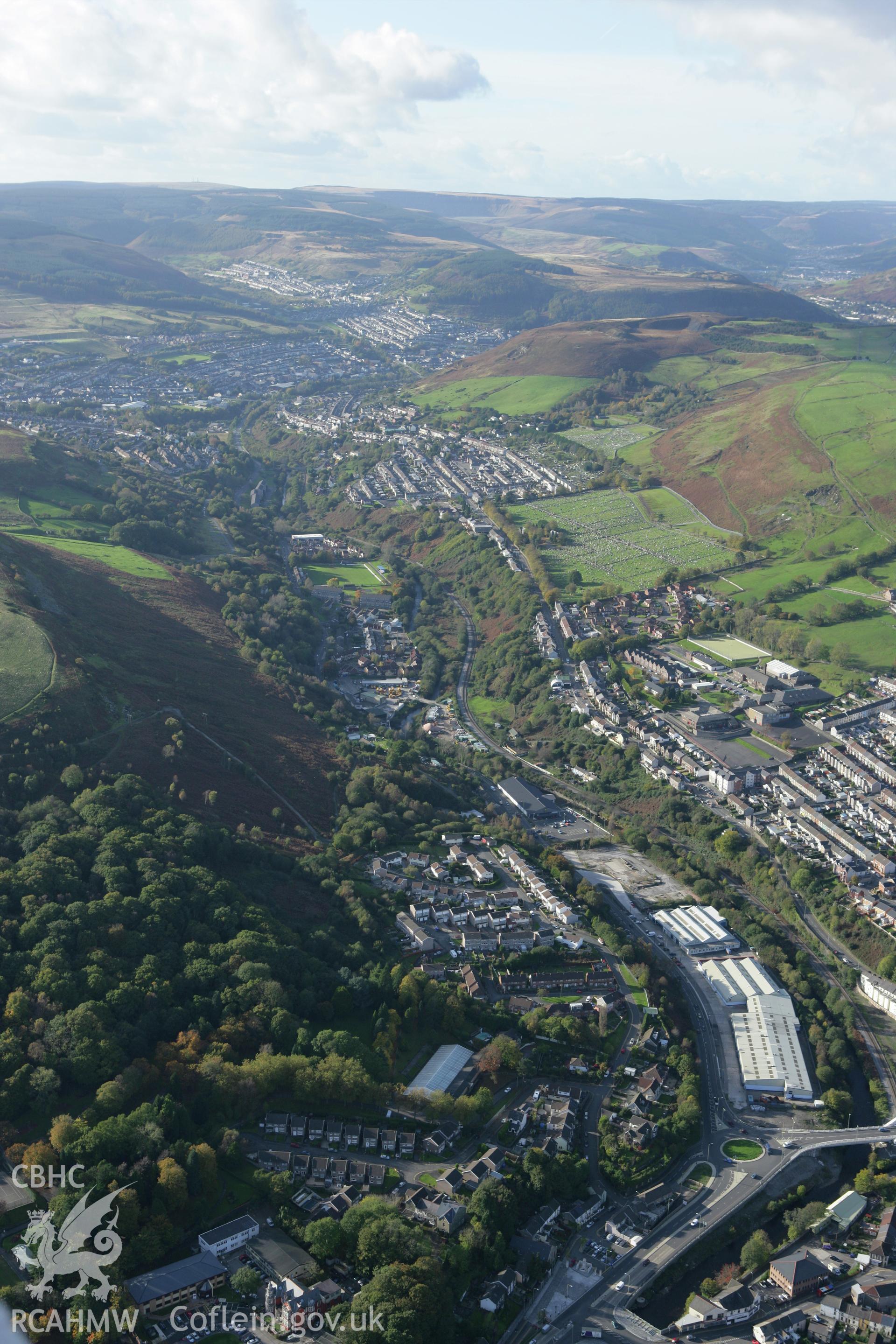 RCAHMW colour oblique photograph of Porth and Trealaw, from the east. Taken by Toby Driver on 16/10/2008.