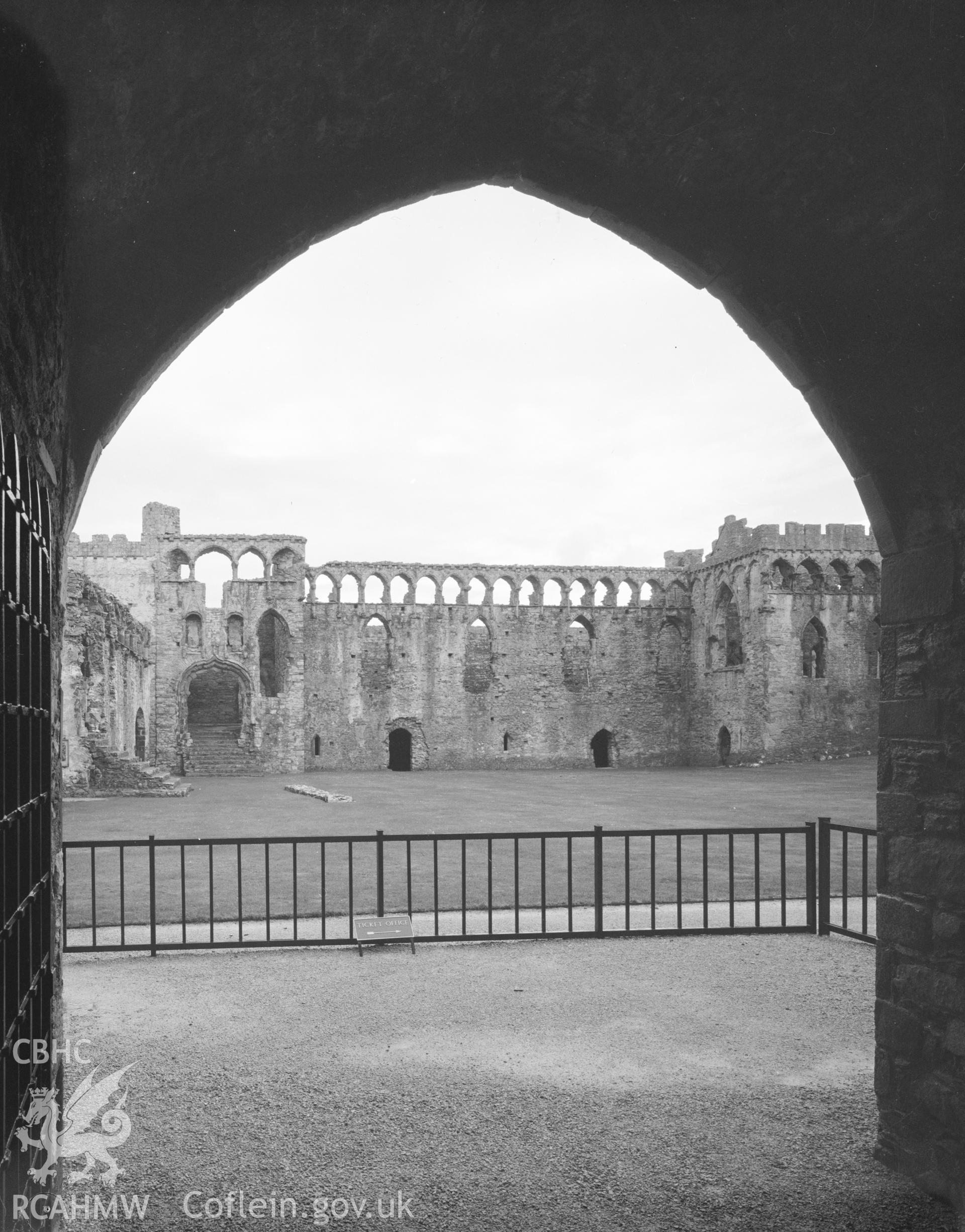 Black and white acetate negative showing view of Bishops Palace, St Davids.