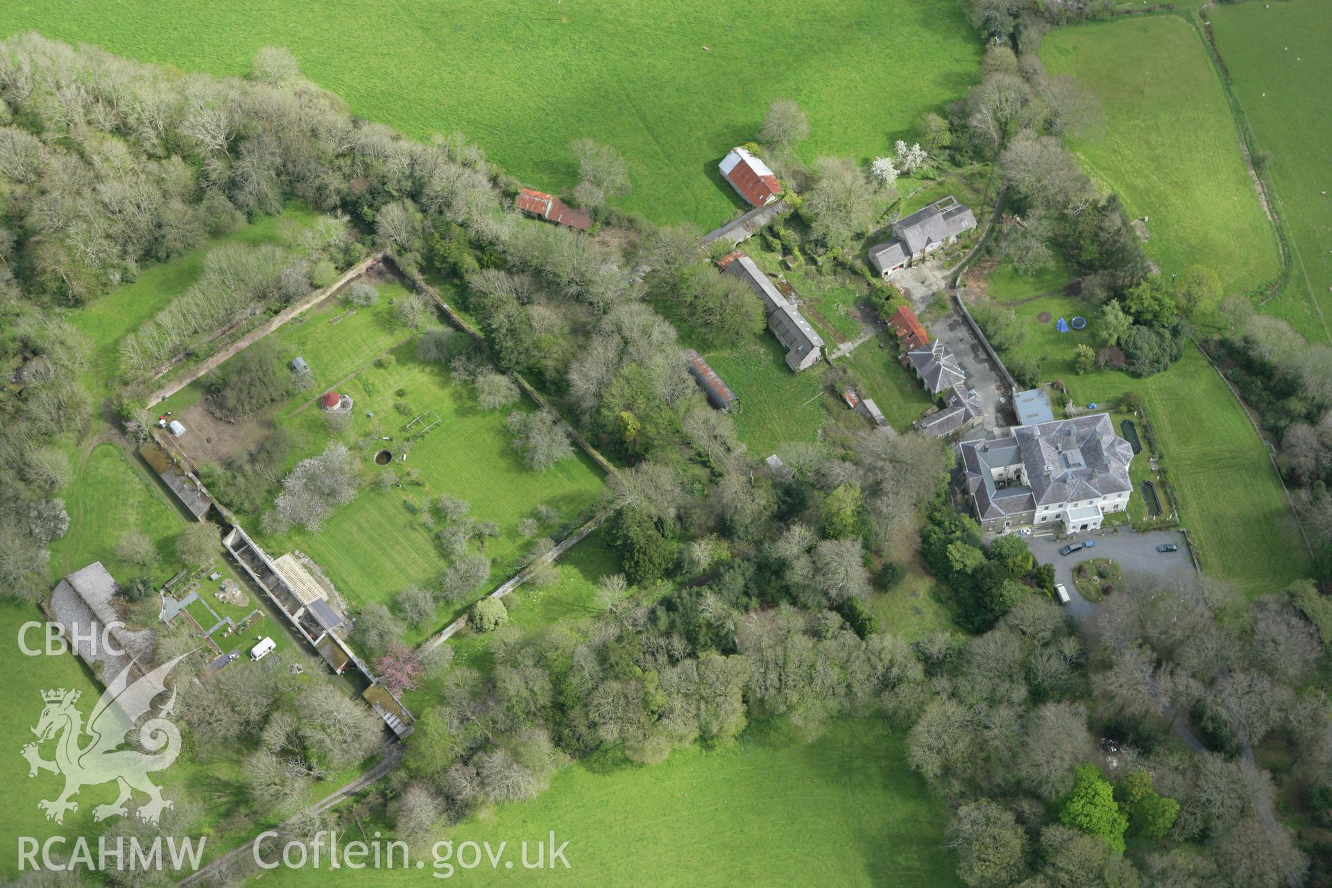 RCAHMW colour oblique photograph of Penylan Mansion, Llandygwydd. Taken by Toby Driver on 24/04/2008.