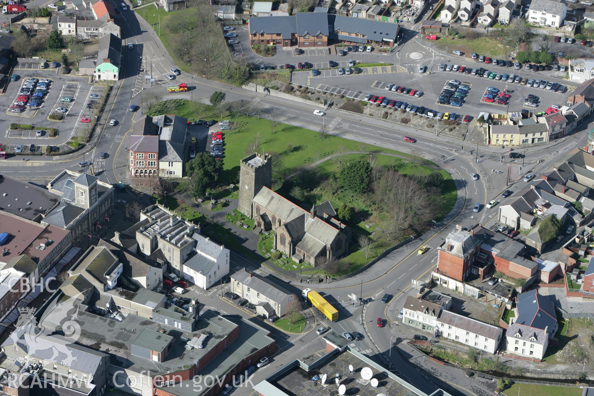 RCAHMW colour oblique photograph of St Ellyw's Church, Bridge Street, Llanelli. Taken by Toby Driver on 04/03/2008.