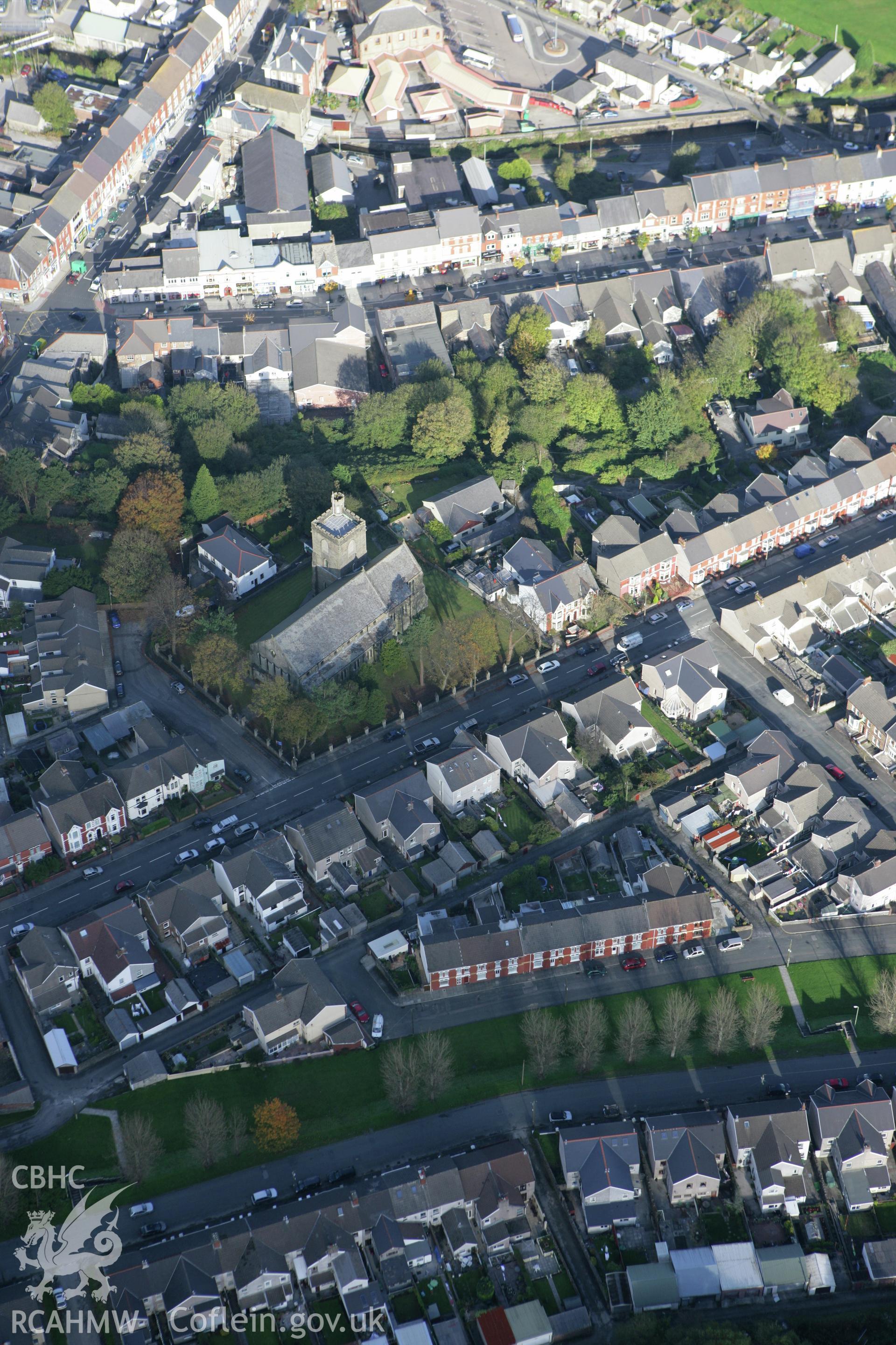 RCAHMW colour oblique photograph of St Michael and All Angels' Church, Maesteg. Taken by Toby Driver on 16/10/2008.