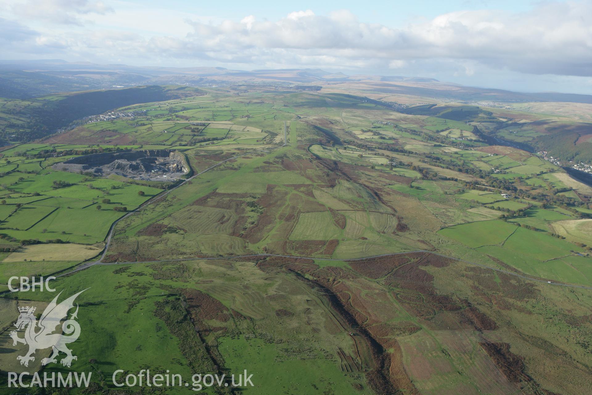 RCAHMW colour oblique photograph of Gelligaer quarry and common, from the south-east. Taken by Toby Driver on 16/10/2008.