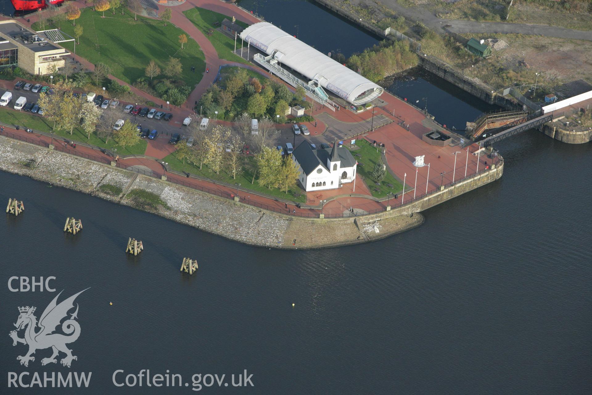 RCAHMW colour oblique photograph of Norwegian Church, Bute East Dock, Cardiff. Taken by Toby Driver on 12/11/2008.