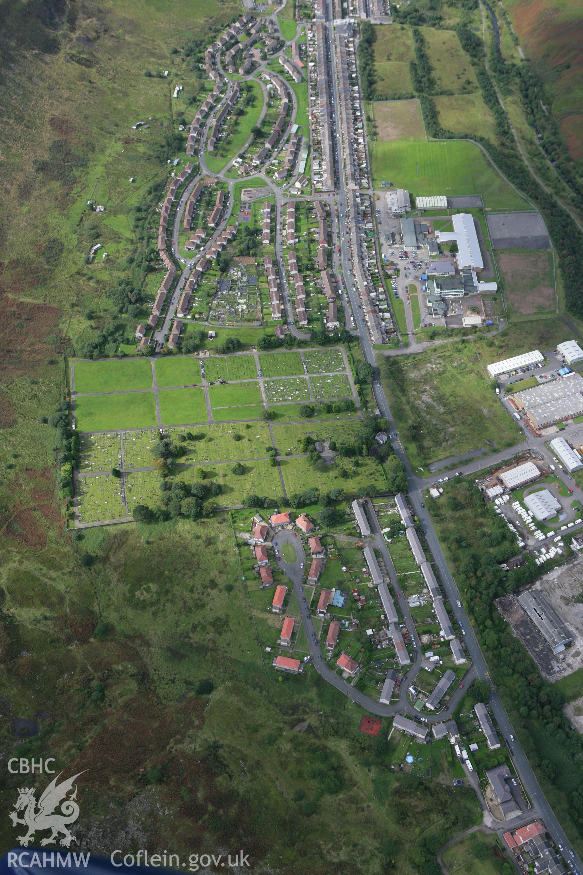 RCAHMW colour oblique photograph of Ferndale Cemetery, with cemetery chapel. Taken by Toby Driver on 12/09/2008.