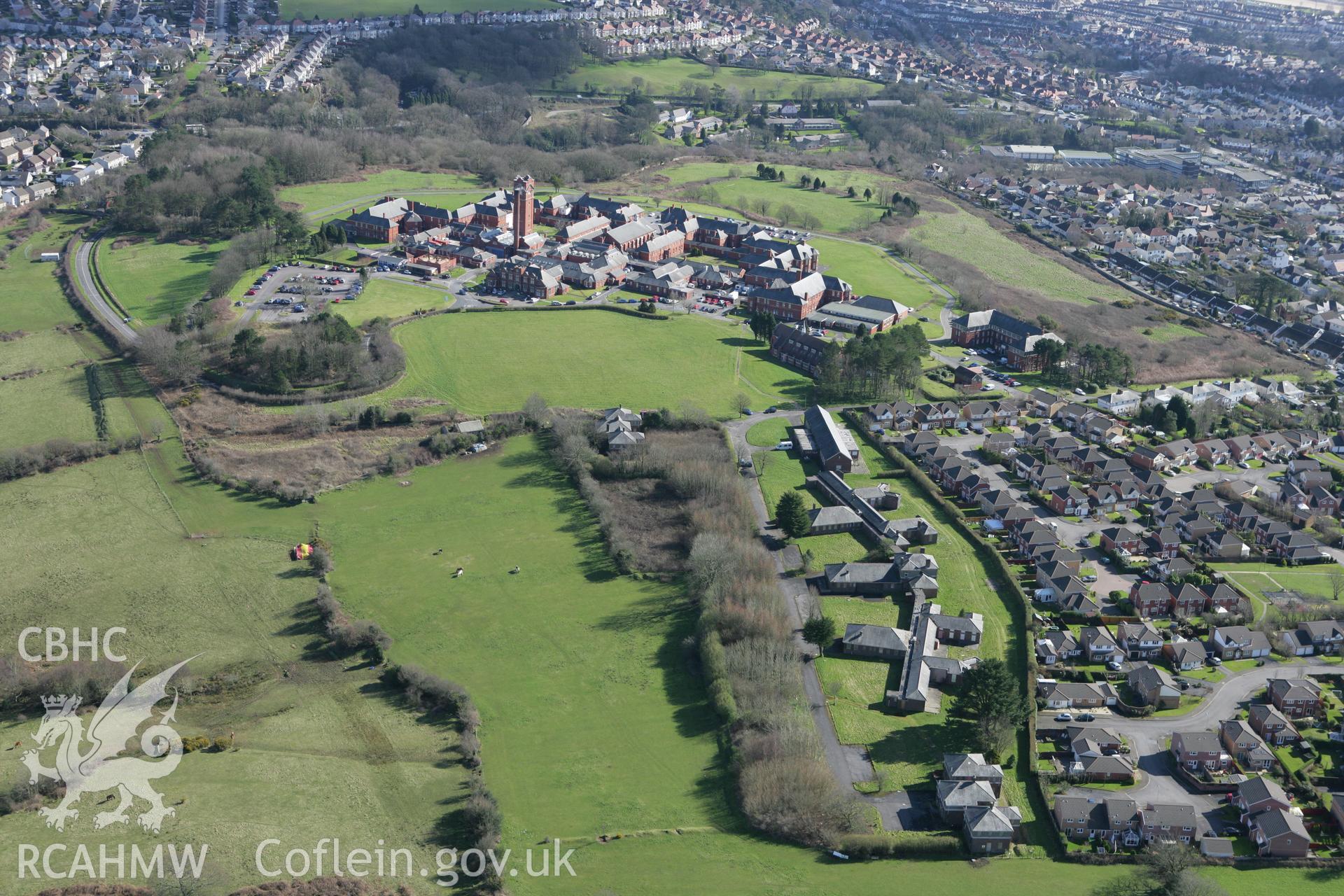 RCAHMW colour oblique photograph of Cefn Coed Hospital. Taken by Toby Driver on 04/03/2008.
