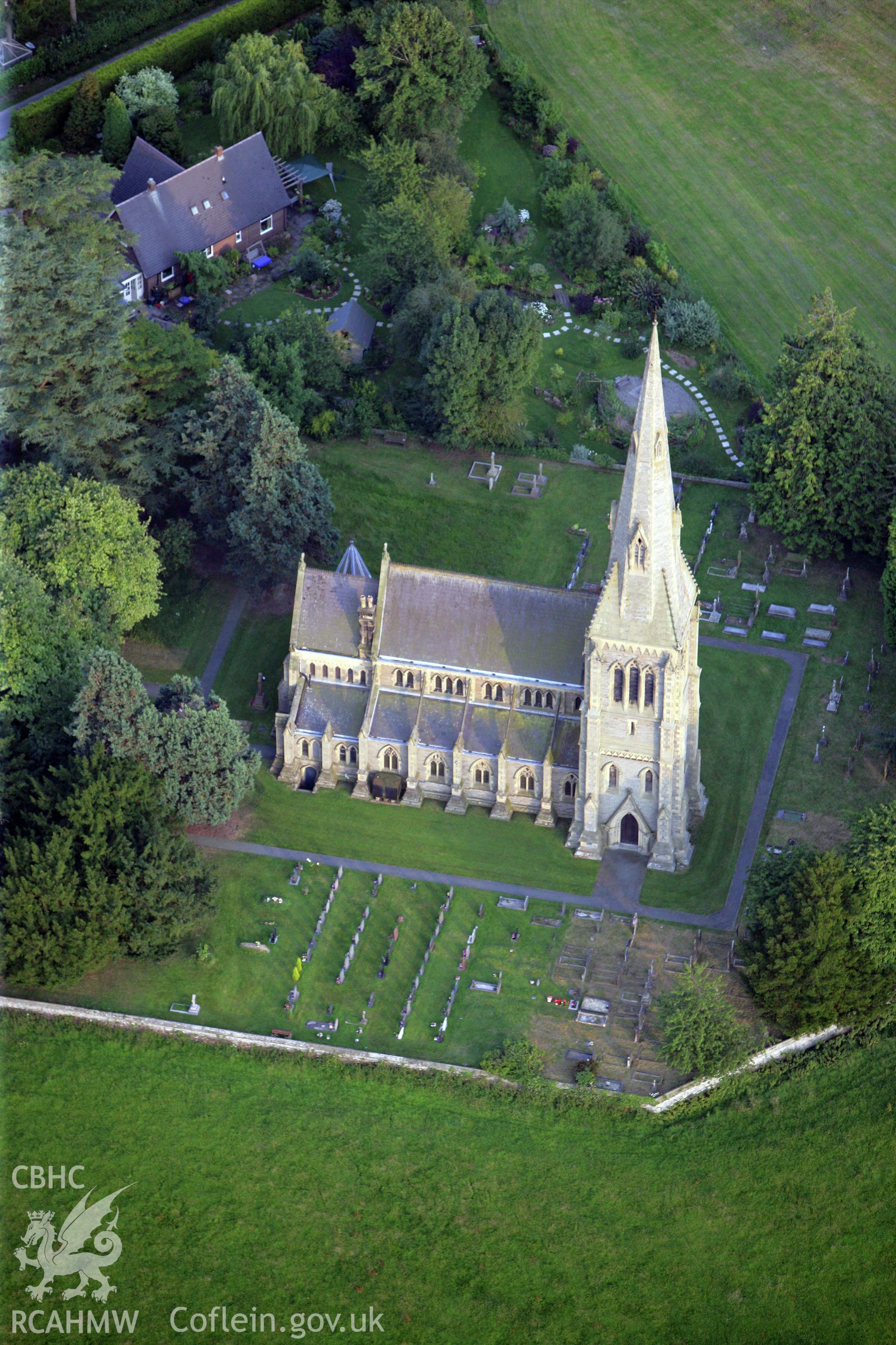 RCAHMW colour oblique photograph of Holy Trinity Church, Leighton. Taken by Toby Driver on 24/07/2008.