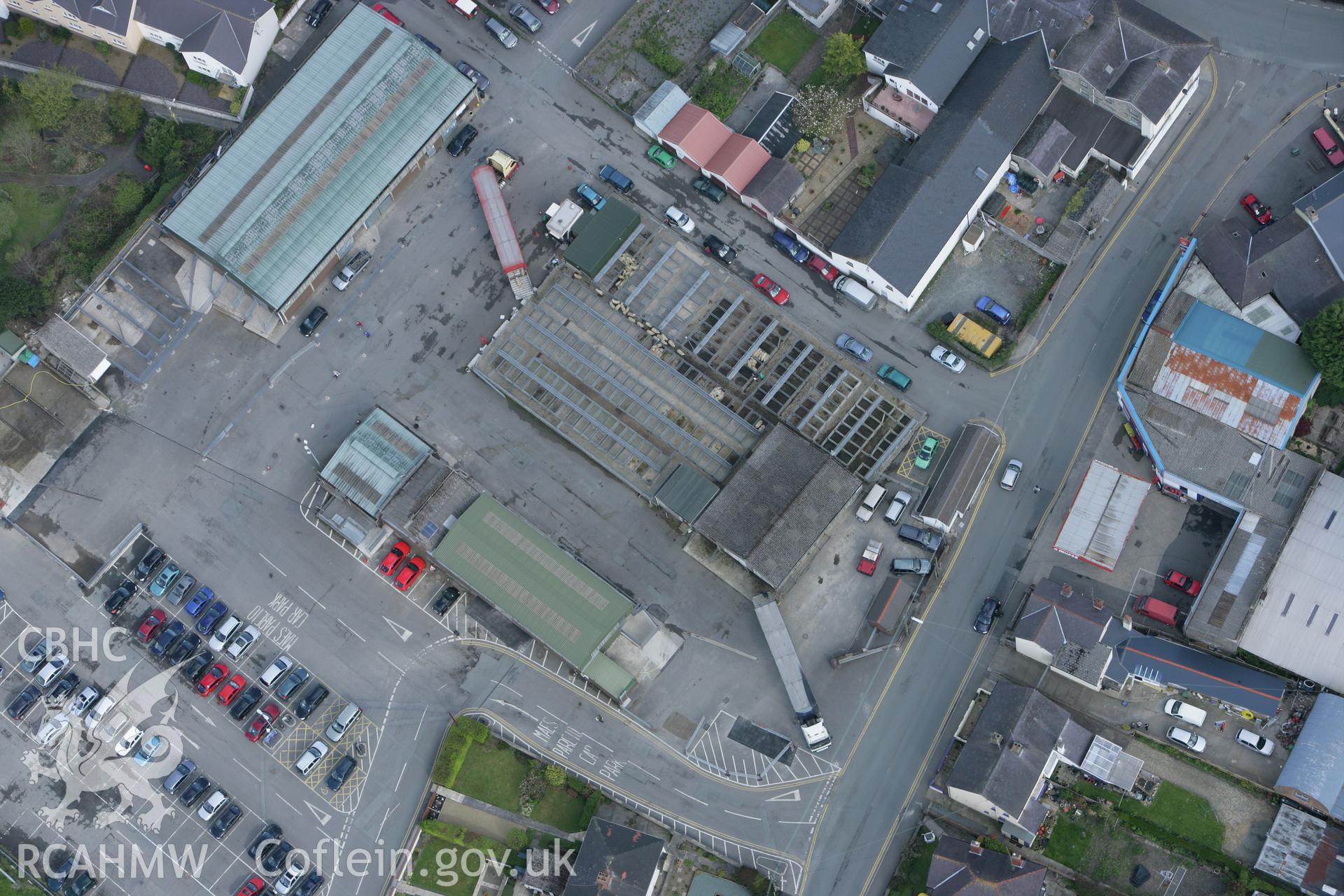 RCAHMW colour oblique photograph of Newcastle Emlyn Livestock Market. Taken by Toby Driver on 24/04/2008.